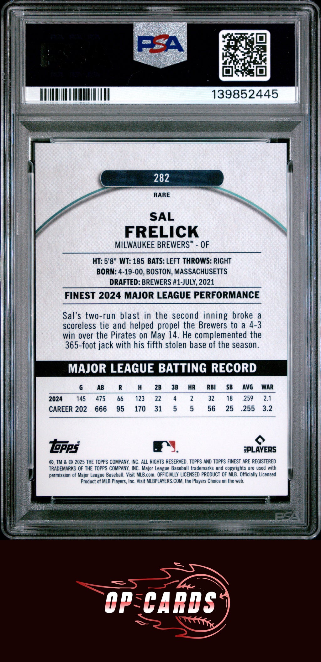 Sal Frelick 2025 Topps Finest #282 Orange Refractor /15 PSA 9