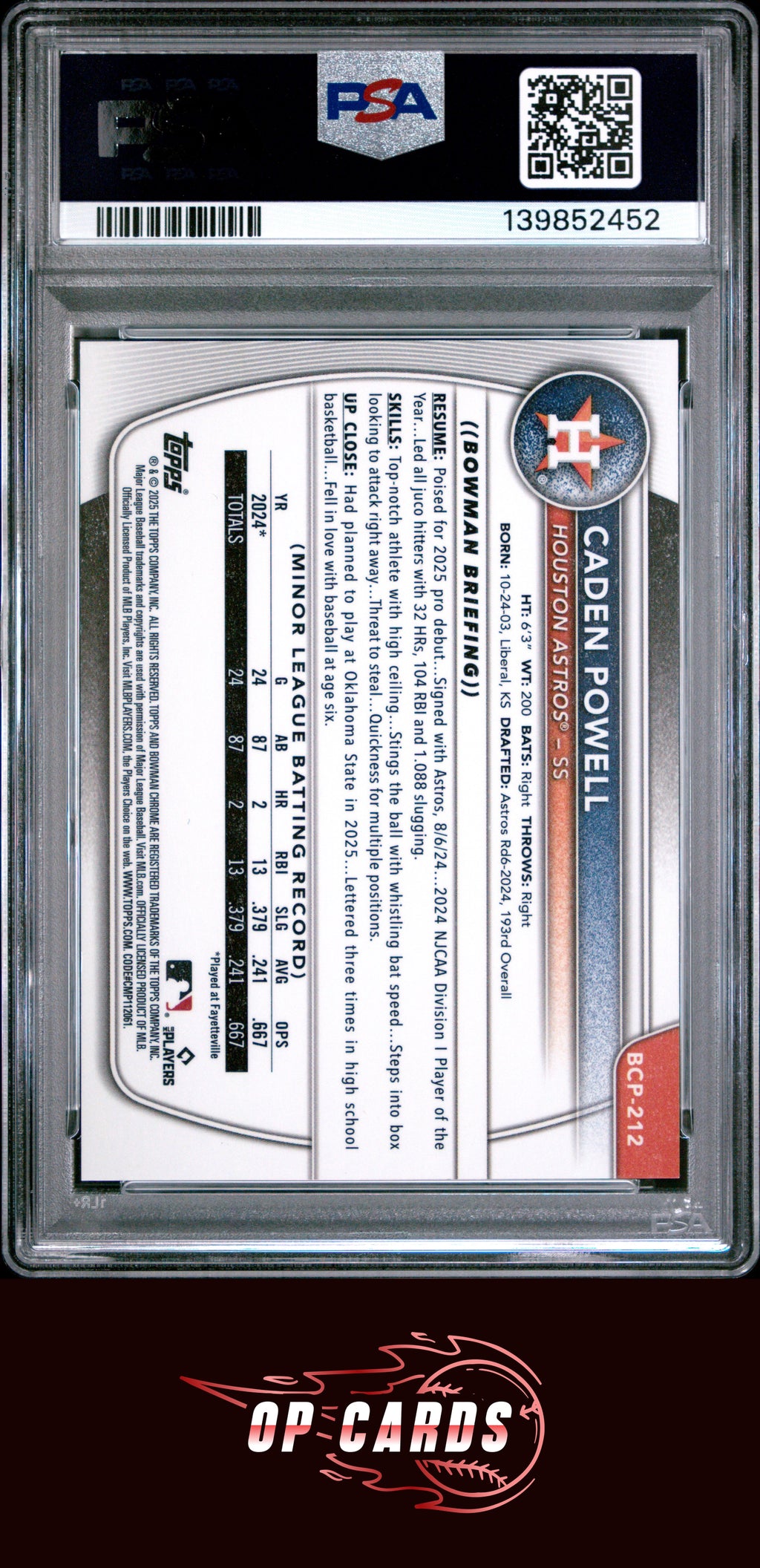 Caden Powell 2025 Bowman Chrome Prospects Orange Reptilian /25 PSA 10