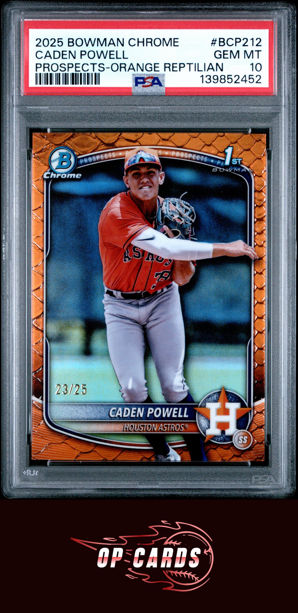Caden Powell 2025 Bowman Chrome Prospects Orange Reptilian /25 PSA 10