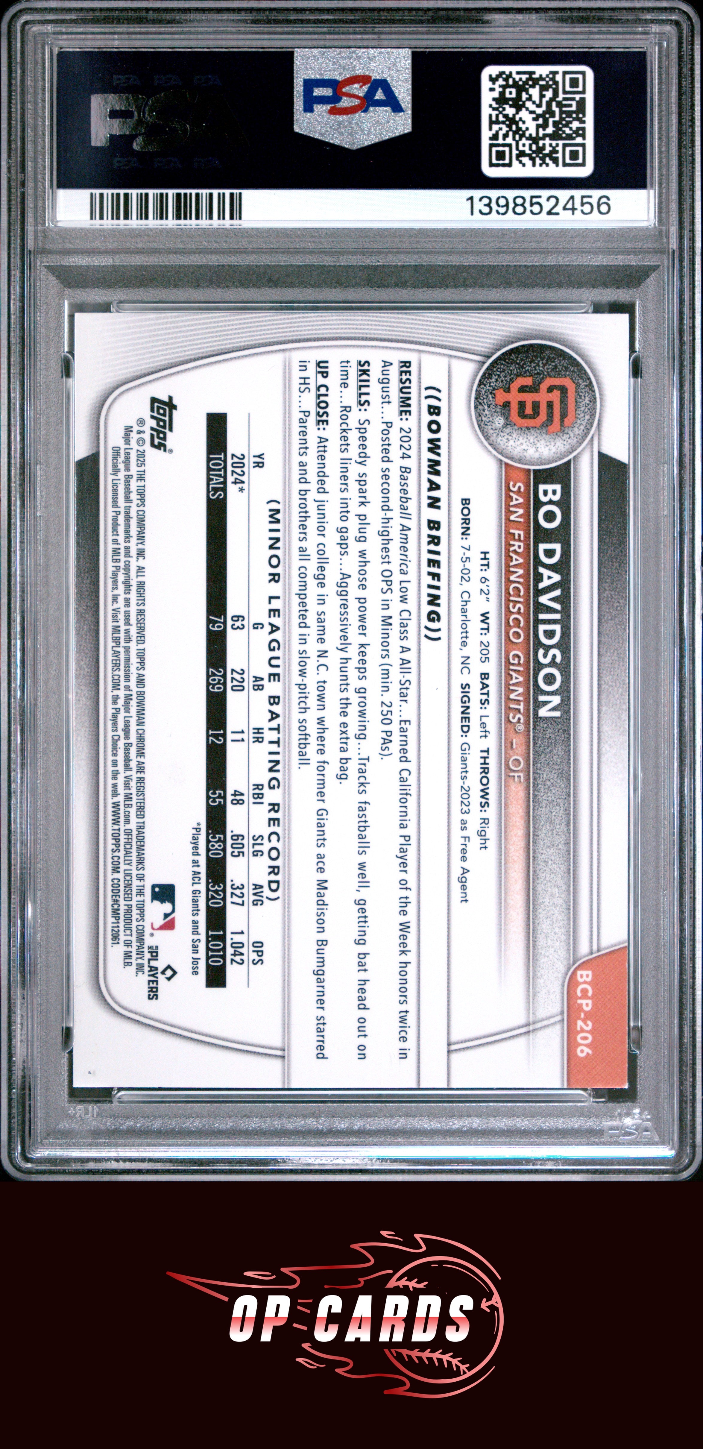 Bo Davidson 2025 Bowman Chrome Prospects #BCP206 Prospects-Popcorn PSA 9