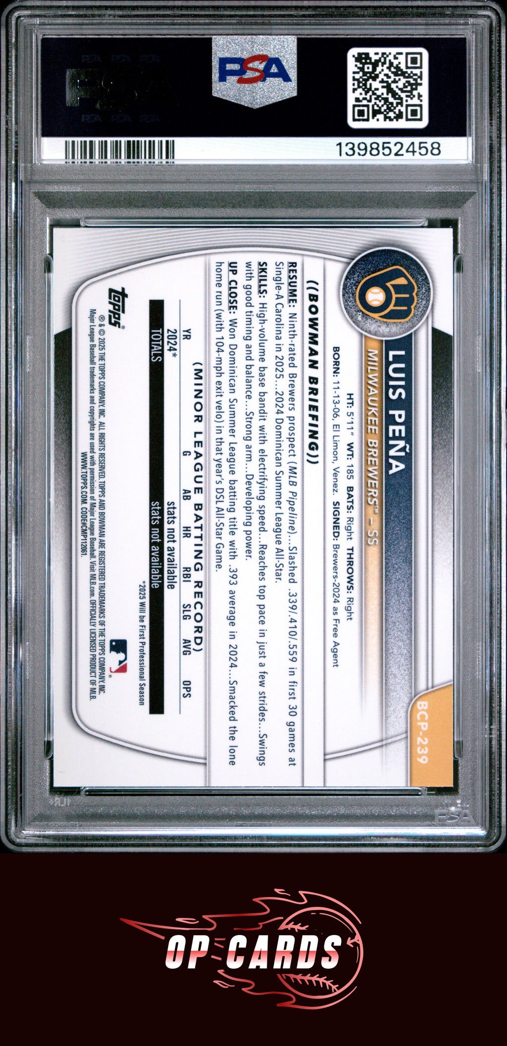 Luis Pena 2025 Bowman Chrome Prospects #BCP239 Sunflower Seeds Refractor PSA 9