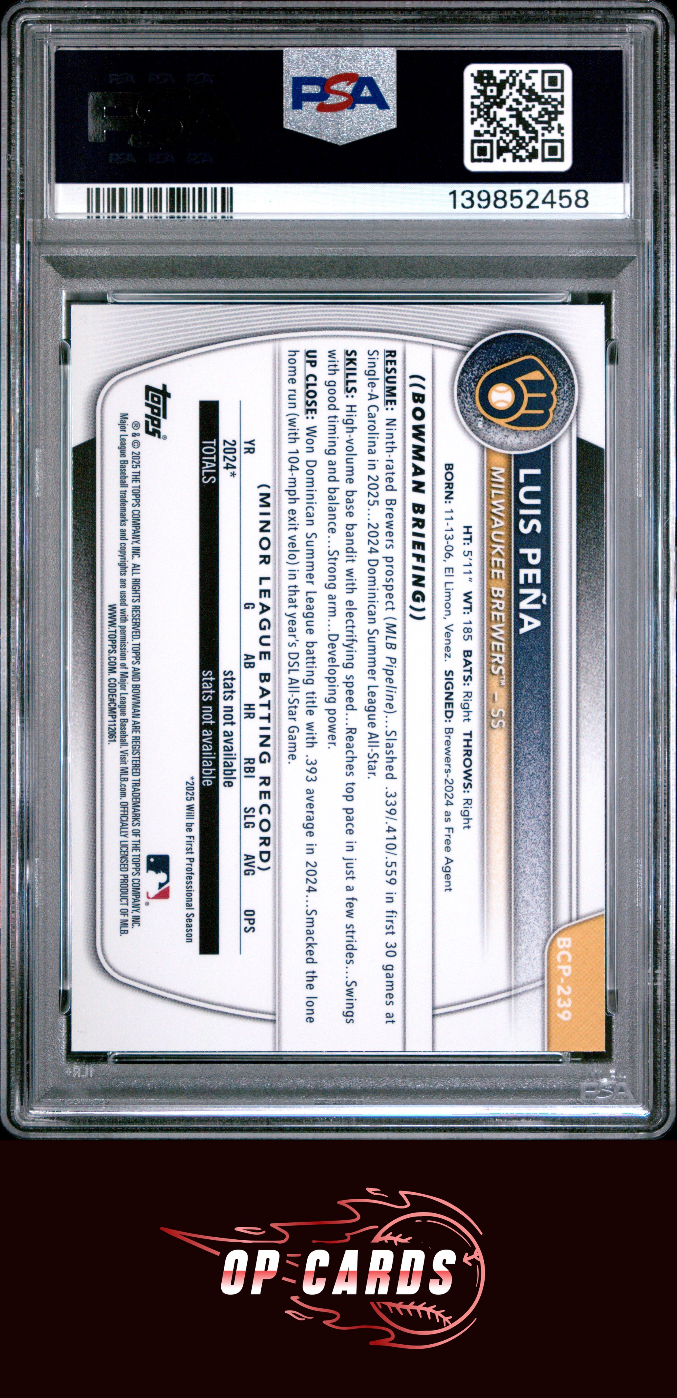 Luis Pena 2025 Bowman Chrome Prospects #BCP239 Sunflower Seeds Refractor PSA 9