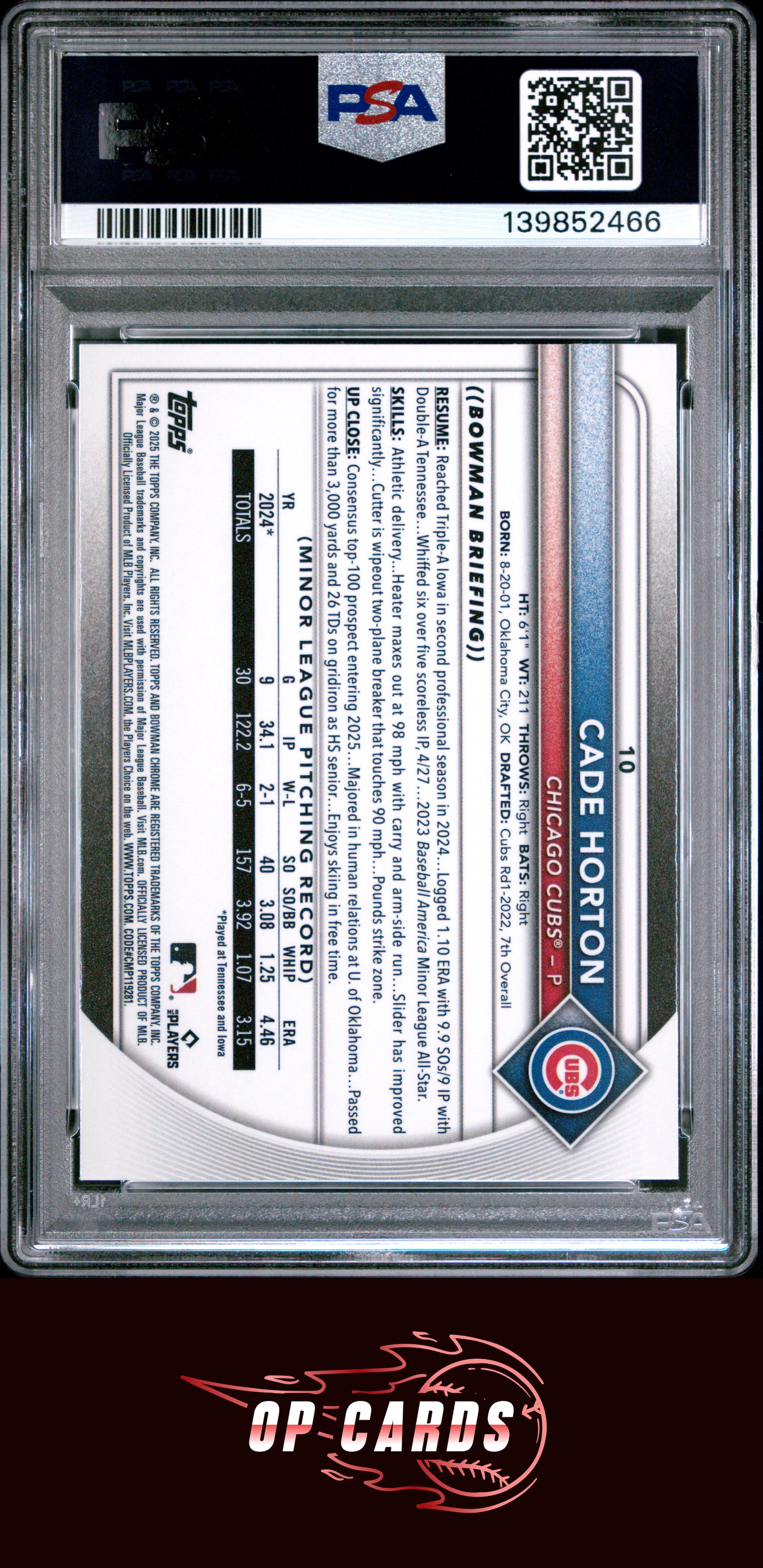 Cade Horton 2025 Bowman Chrome #10 Red Rookie Redemption PSA 8