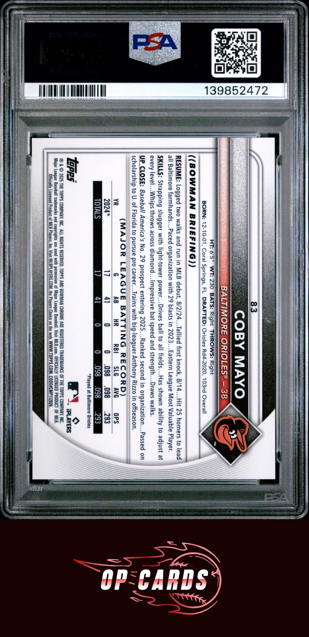 Coby Mayo 2025 Bowman Chrome #83 Orange Refractor PSA 9