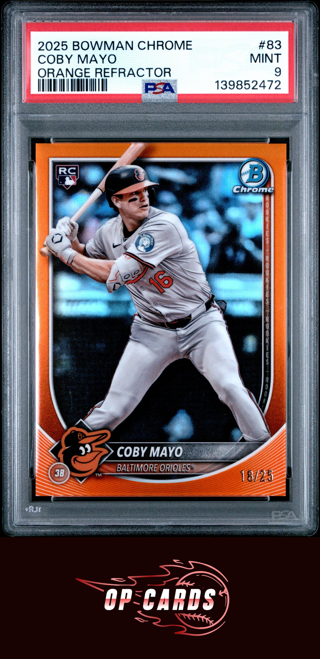 Coby Mayo 2025 Bowman Chrome #83 Orange Refractor PSA 9