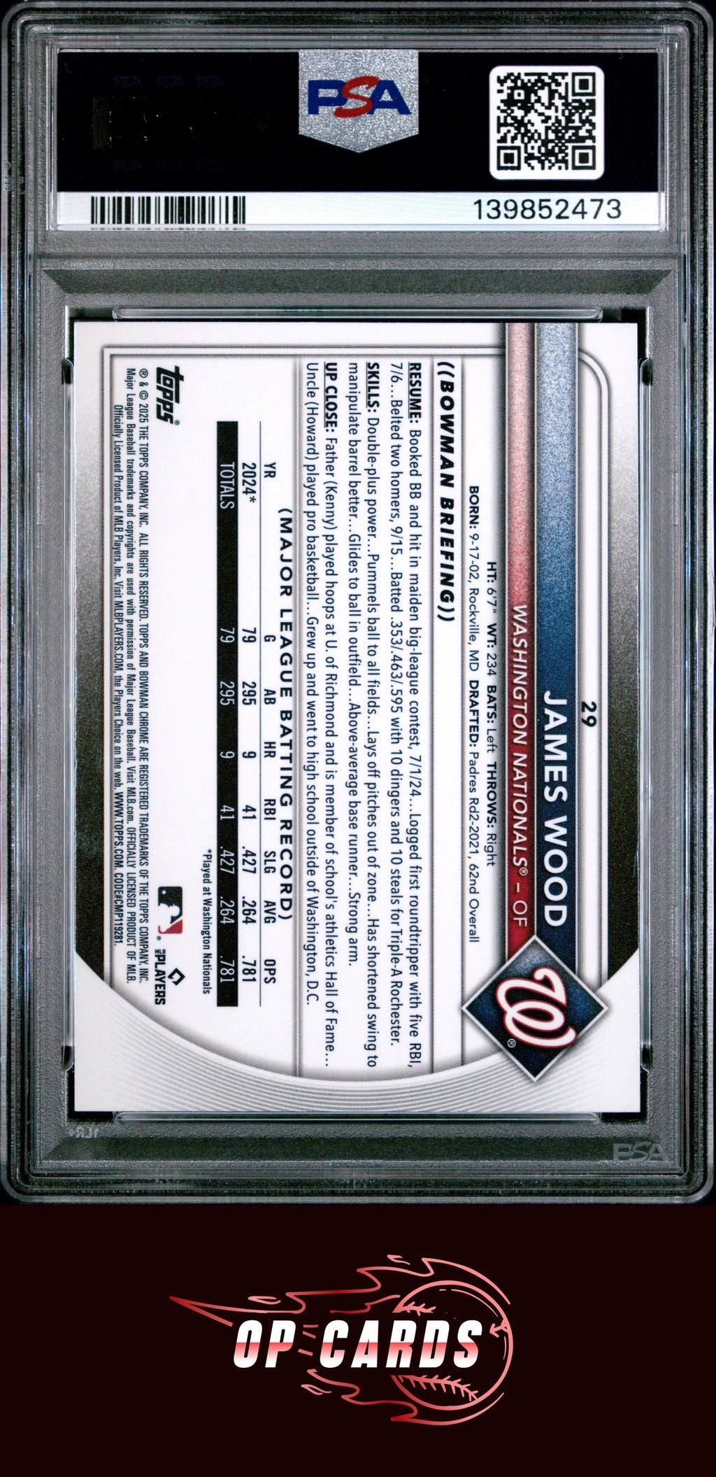James Wood 2025 Bowman Chrome #29 Red Rookie Redemption PSA 8