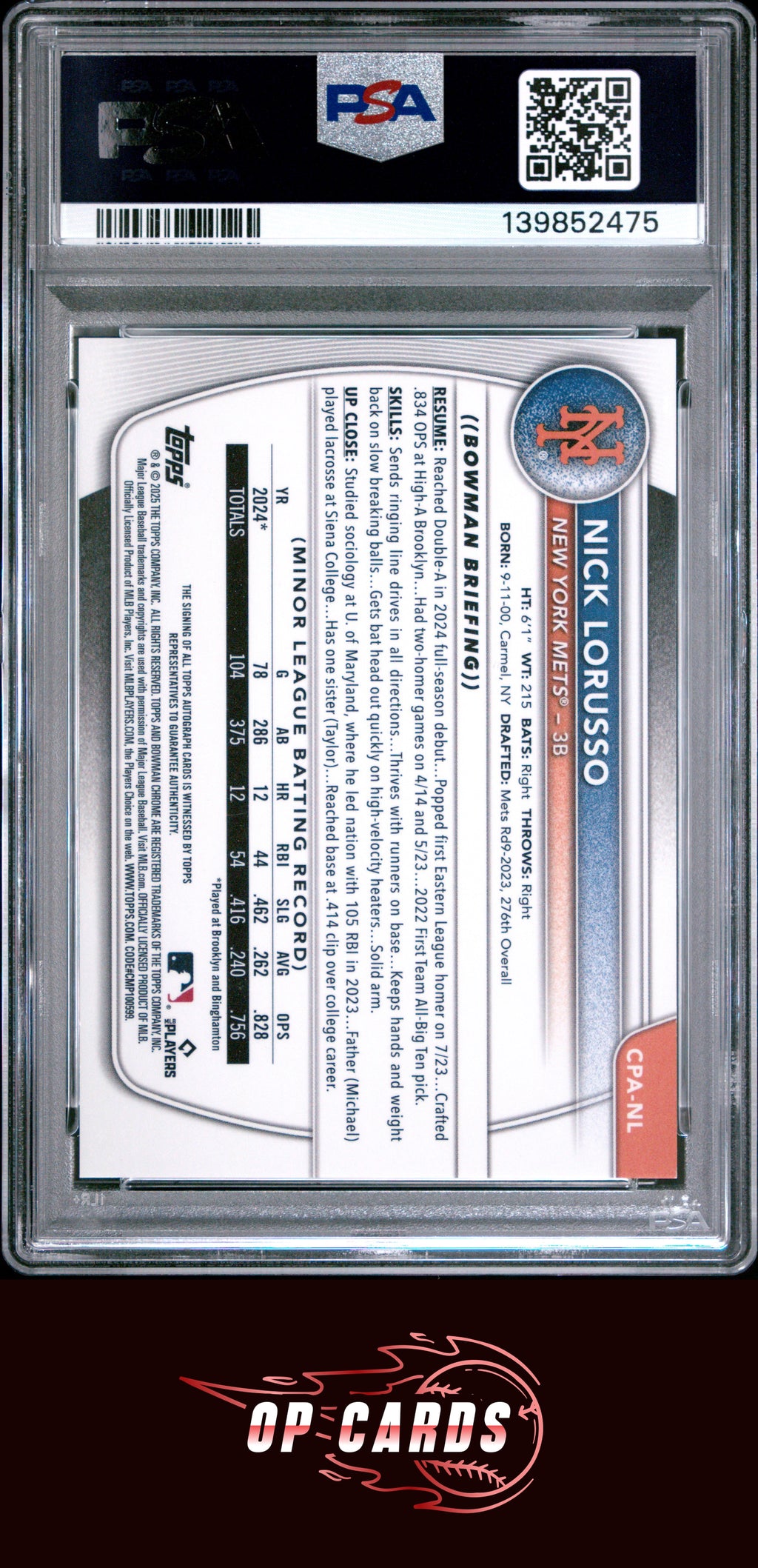 Nick Lorusso 2025 Bowman Chrome Prospect Autograph Orange Refractor /25 PSA 10