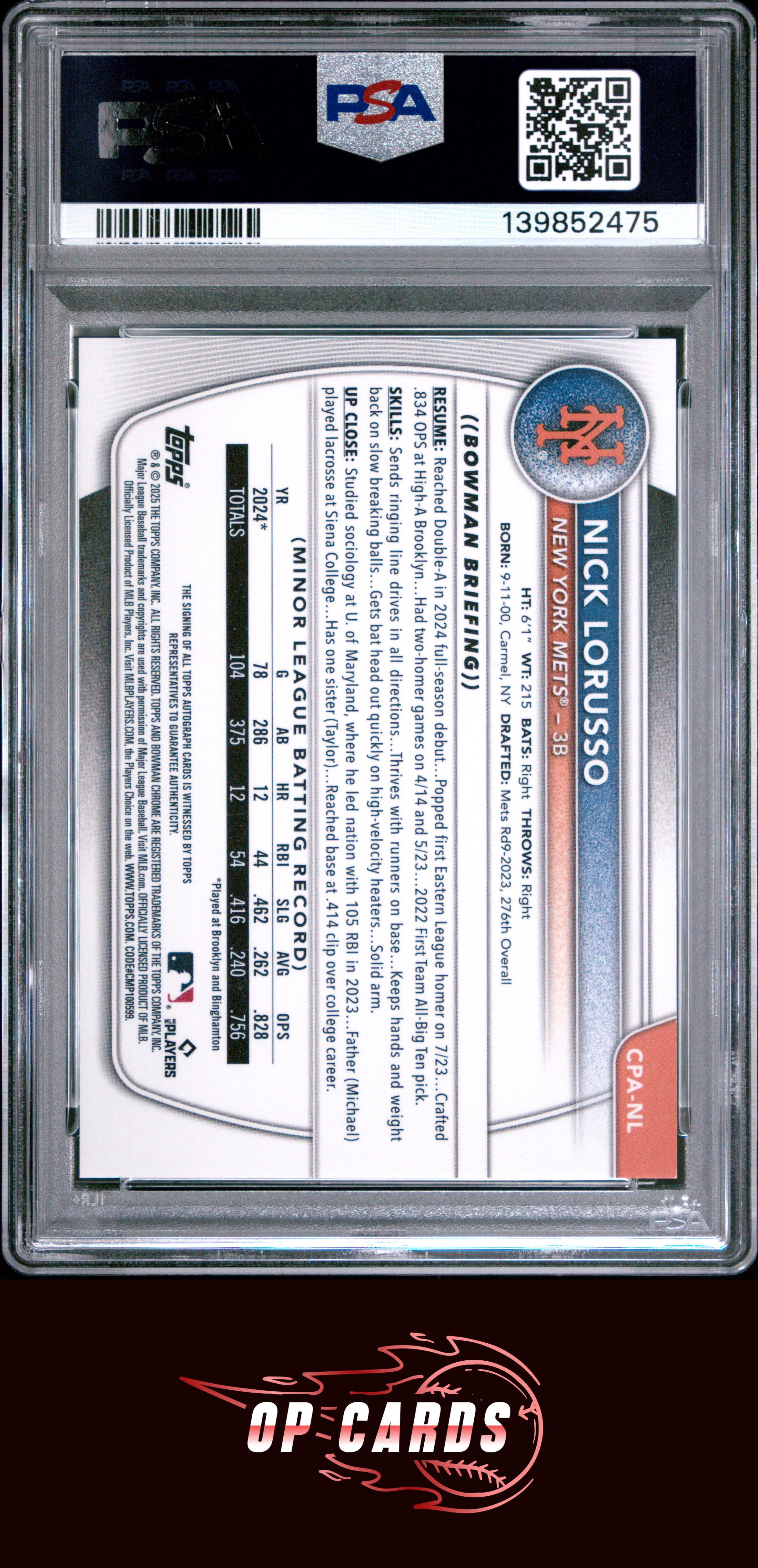 Nick Lorusso 2025 Bowman Chrome Prospect Autograph Orange Refractor /25 PSA 10