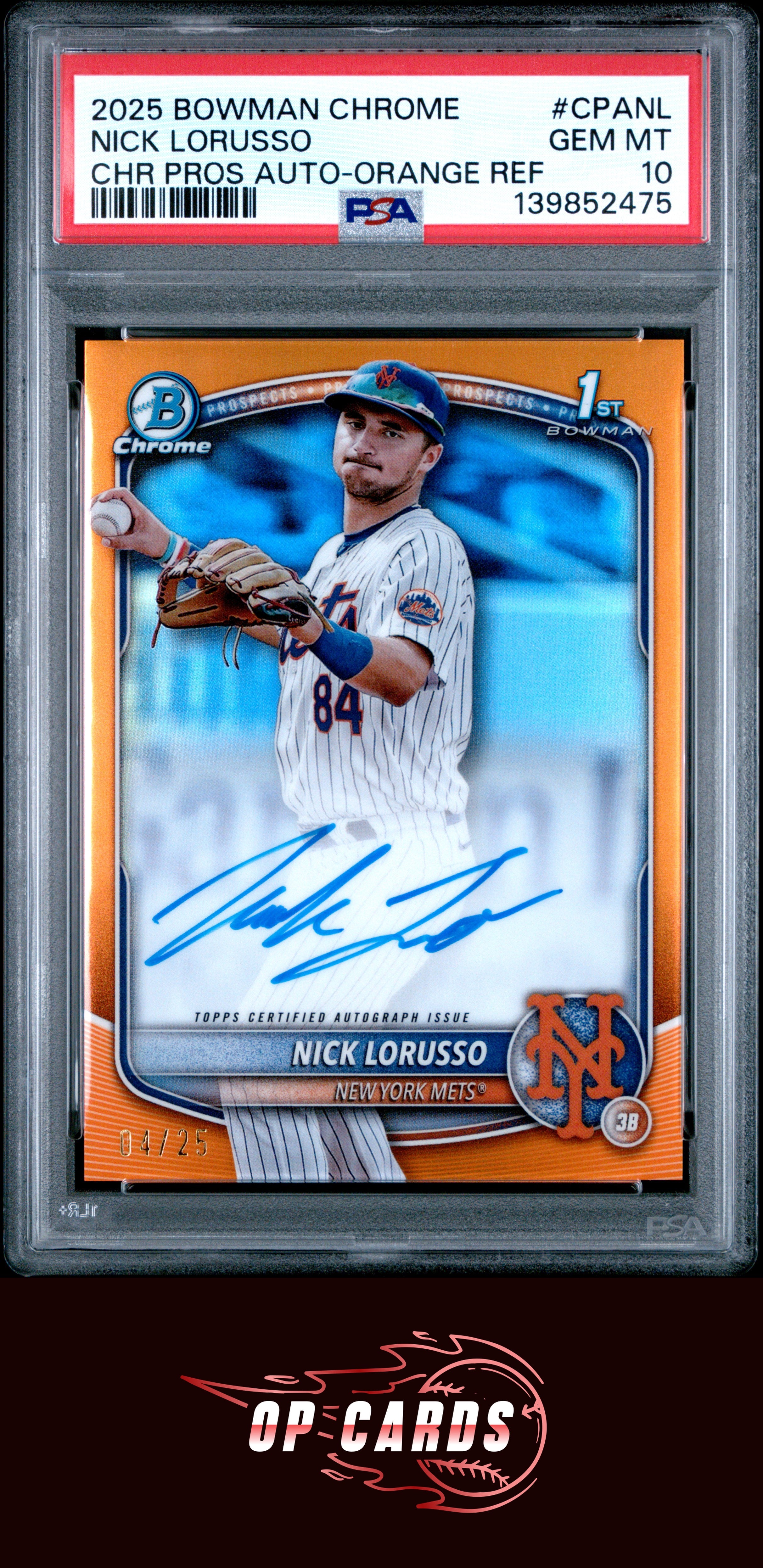 Nick Lorusso 2025 Bowman Chrome Prospect Autograph Orange Refractor /25 PSA 10