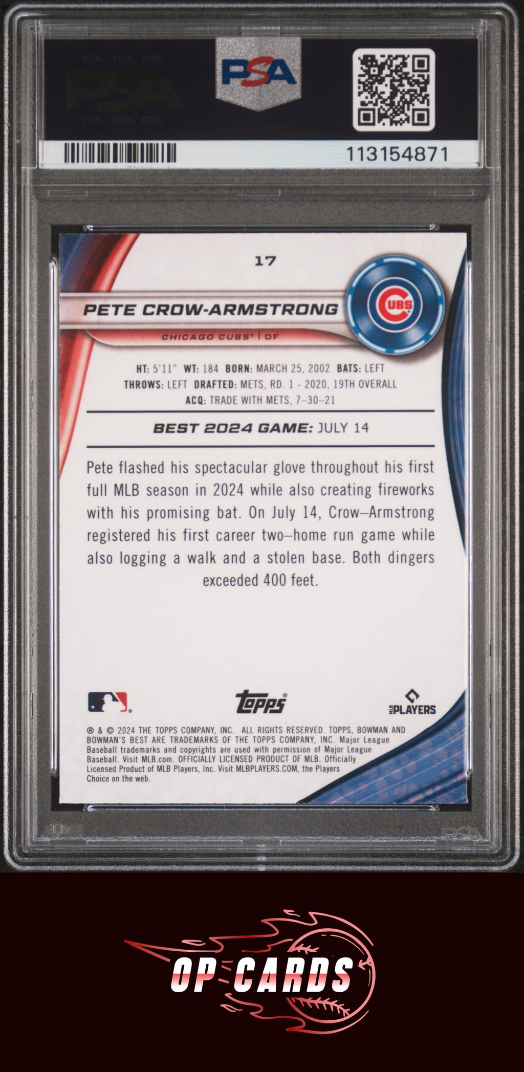 Pete Crow-Armstrong 2024 Bowman'S Best #17 Gold Lava Refractor /50 PSA 10