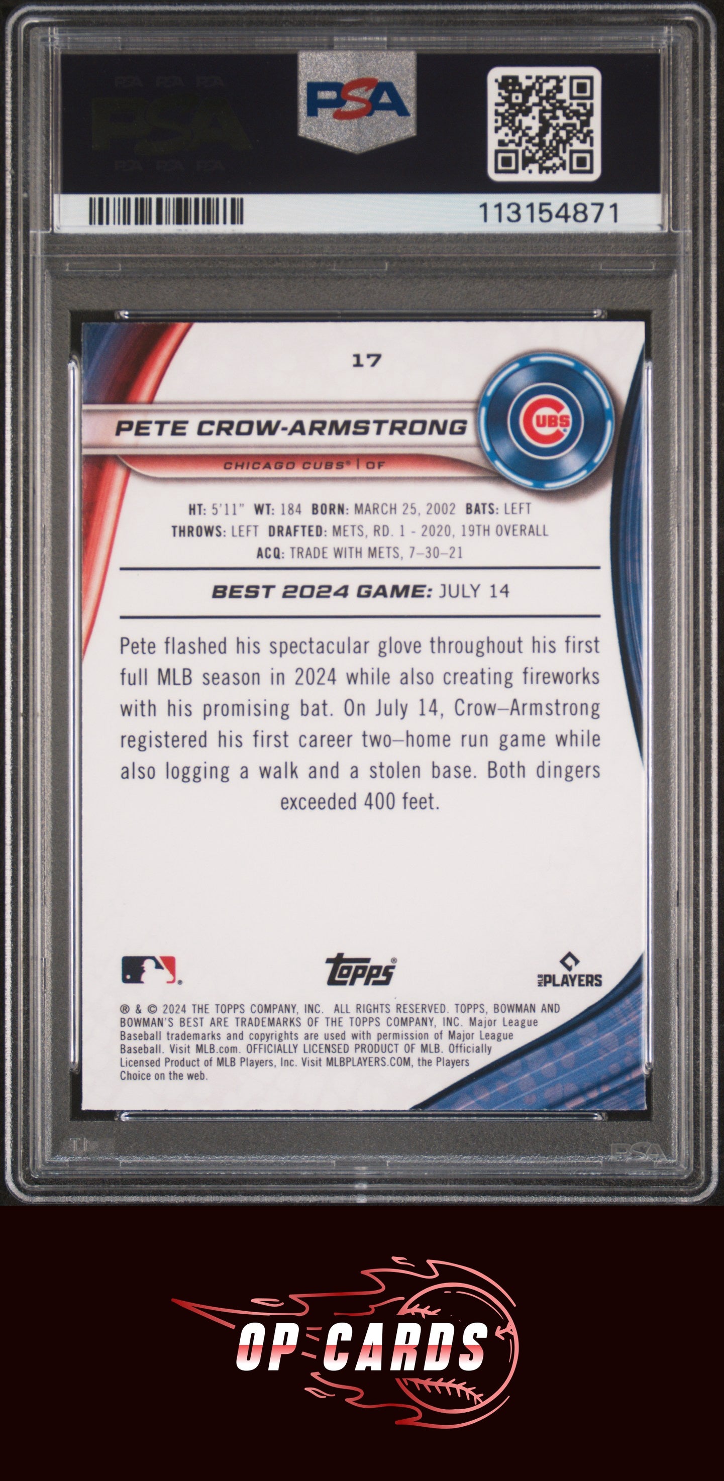 Pete Crow-Armstrong 2024 Bowman'S Best #17 Gold Lava Refractor /50 PSA 10