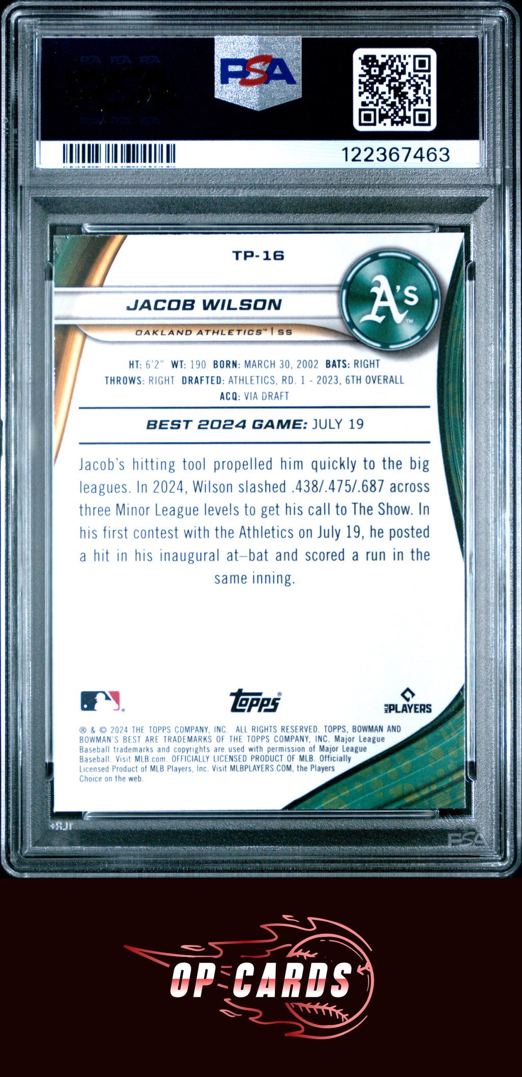 Jacob Wilson 2024 Bowman'S Best Top Prospects #TP16 Wave Refractor PSA 10