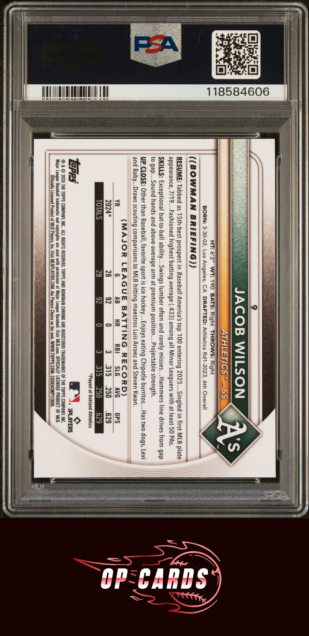 Jacob Wilson 2025 Bowman #9 Red Rookie Redemption PSA 9