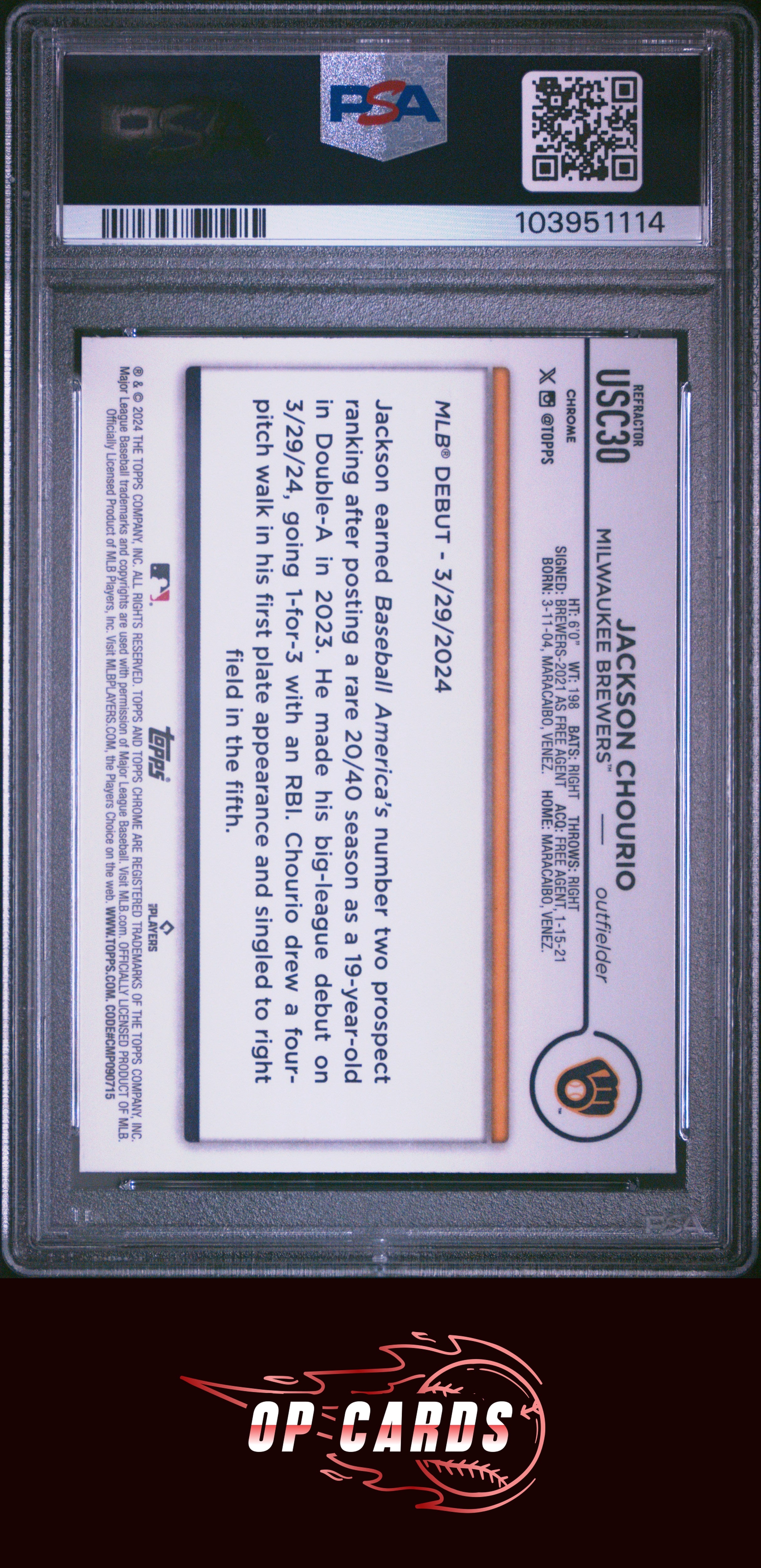 Jackson Chourio 2024 Topps Chrome Update #USC30 Prism Refractor PSA 10