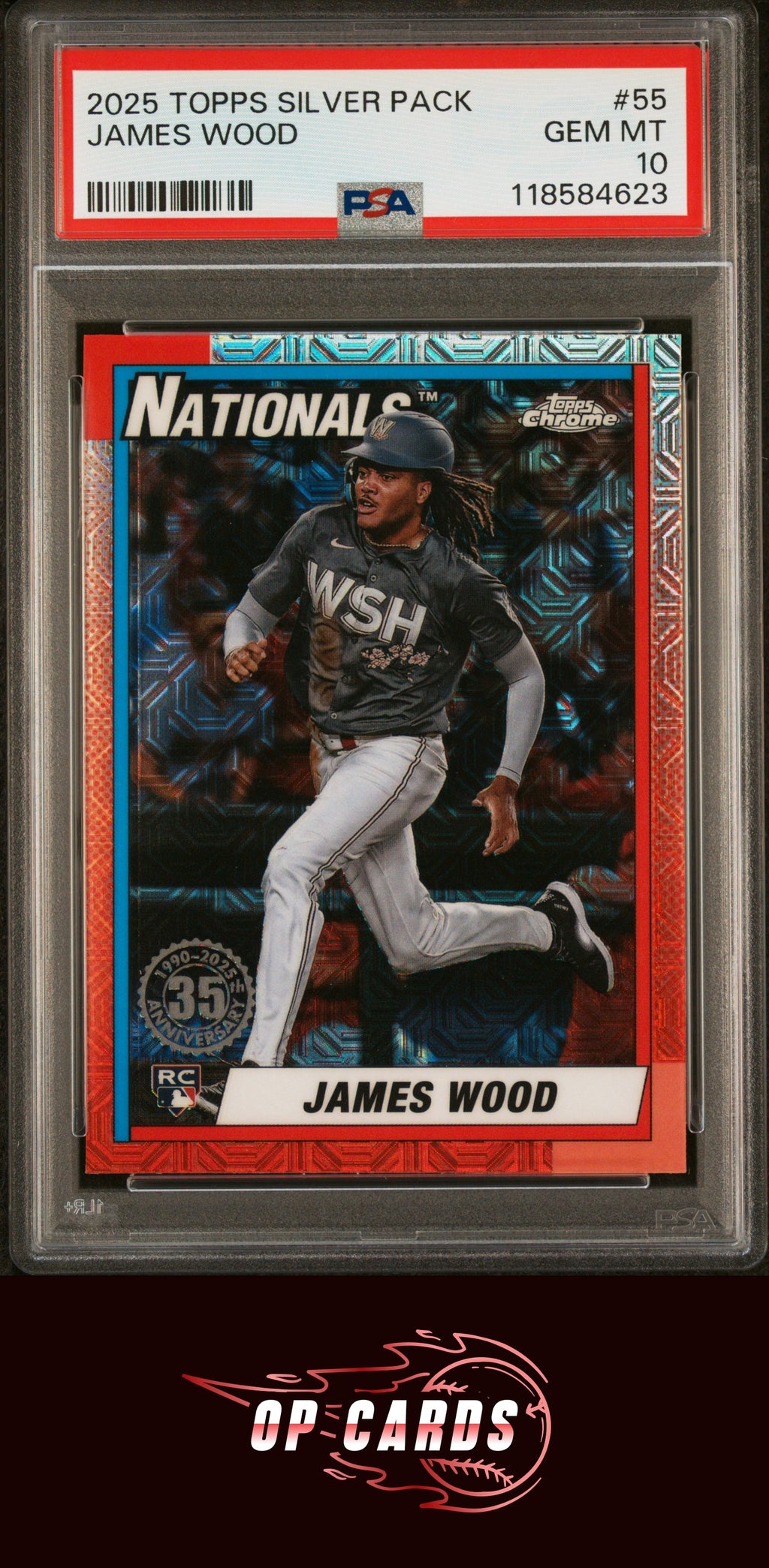James Wood 2025 Topps Silver Pack 1990 Chrome Promo Refractor #55 PSA 10