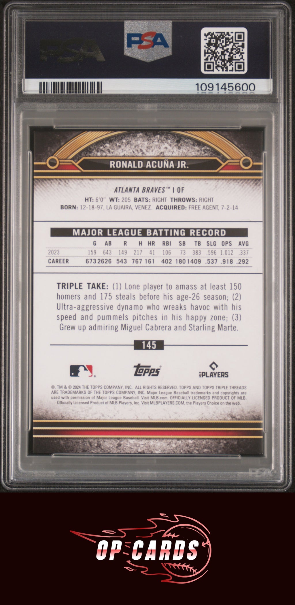 Ronald Acuna Jr. 2024 Topps Triple Threads #145 Red, White, And Blue /10 PSA 8