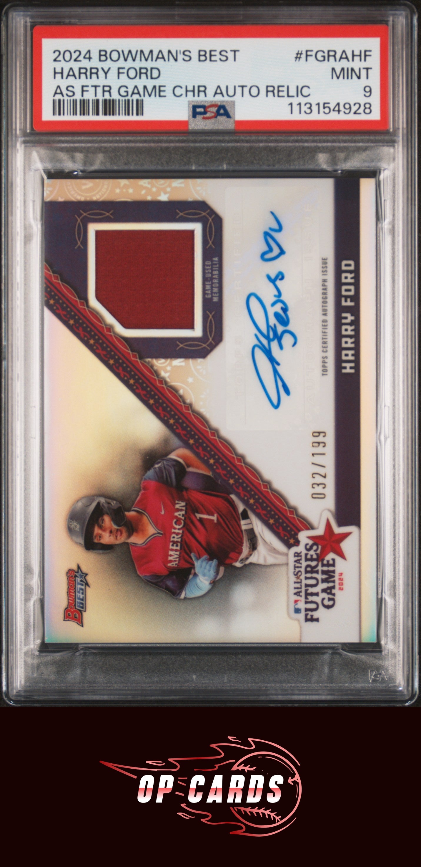 Harry Ford 2024 Bowman's Best Futures Game Autograph Relics #FGRAHF /199 PSA 9
