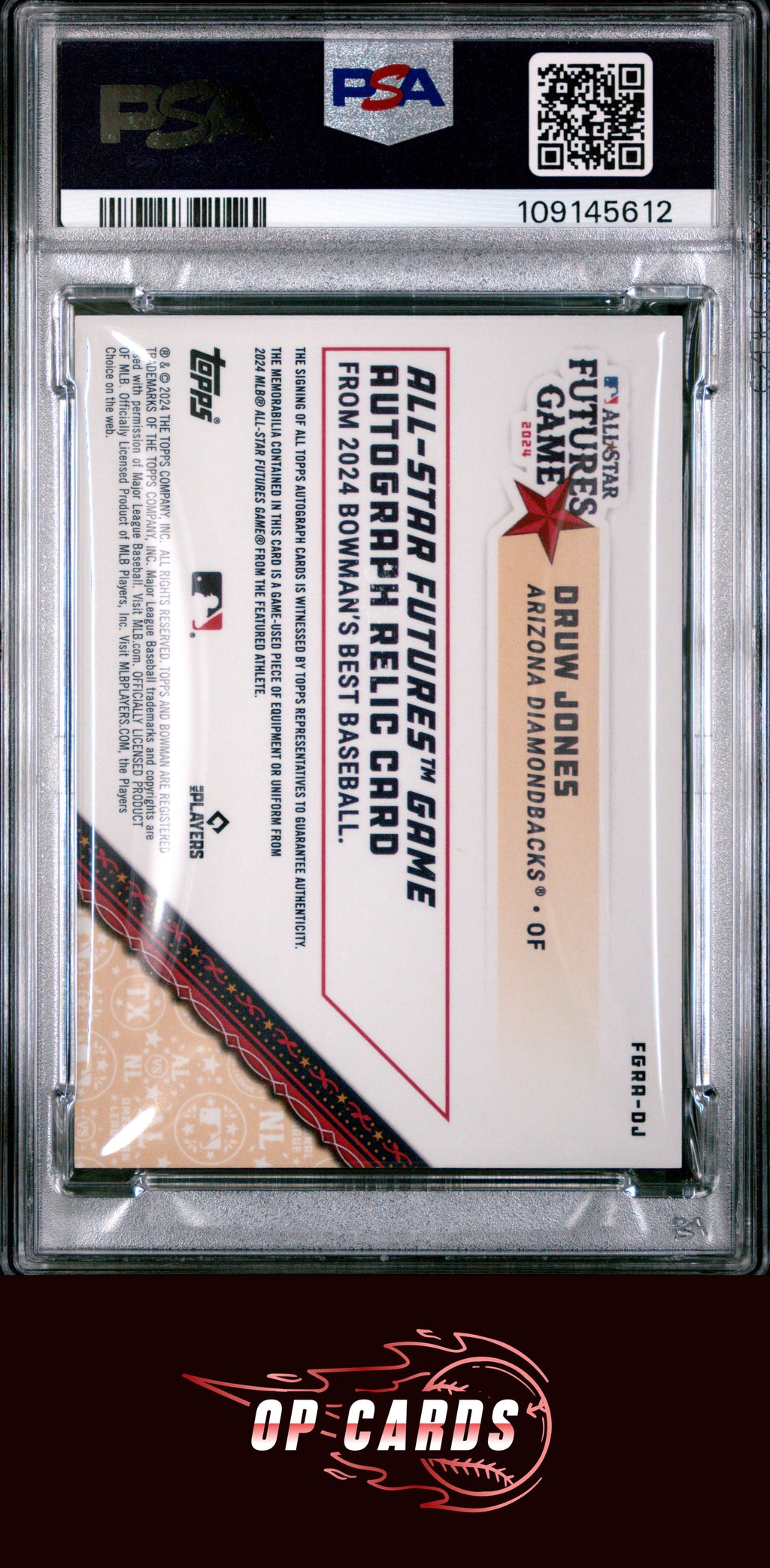 Druw Jones 2024 Bowman's Best MLB Futures Game Autograph Relic Blue /150 PSA 9