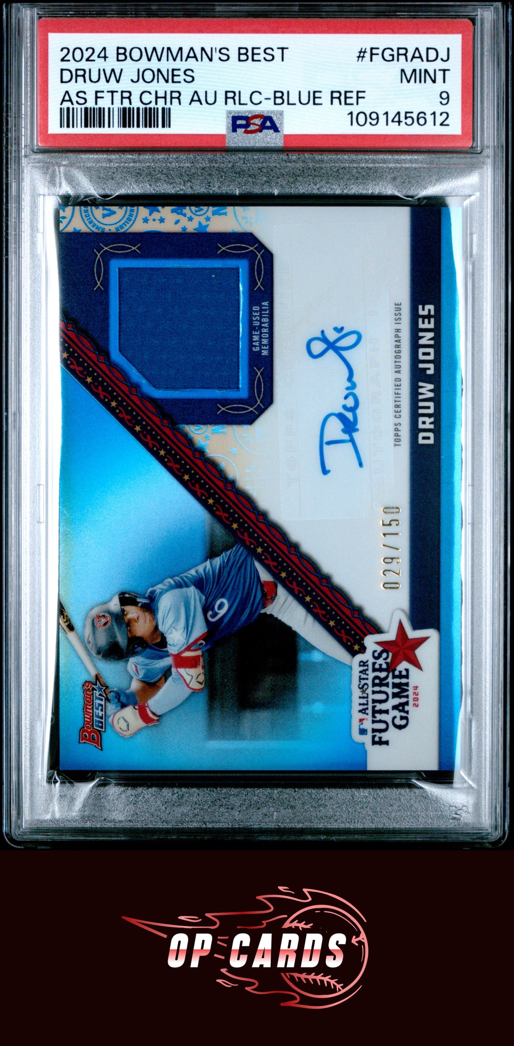 Druw Jones 2024 Bowman's Best MLB Futures Game Autograph Relic Blue /150 PSA 9