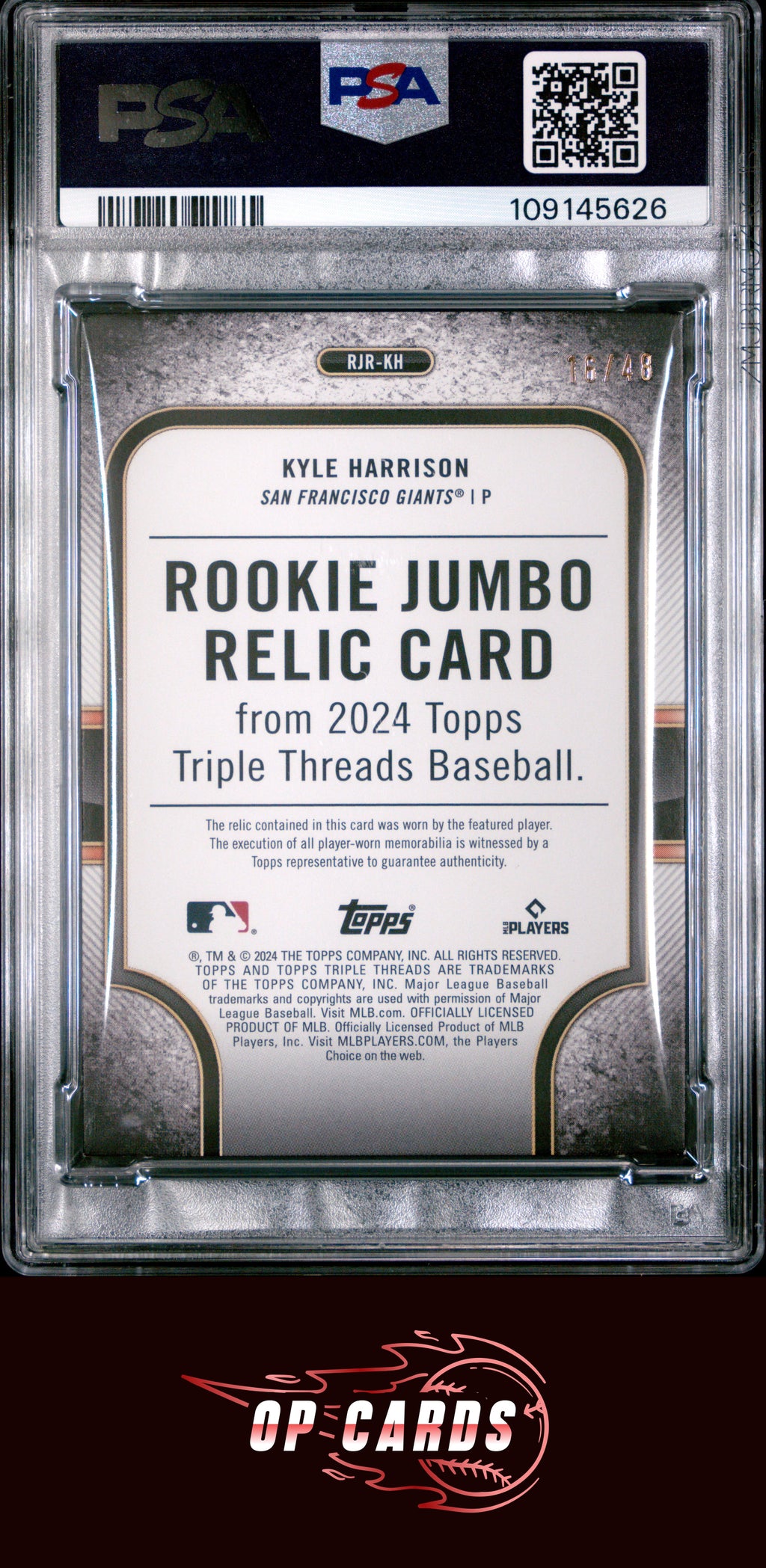 Kyle Harrison 2024 Topps Triple Threads Rookie Jumbo Relics #RJRKH PSA 8
