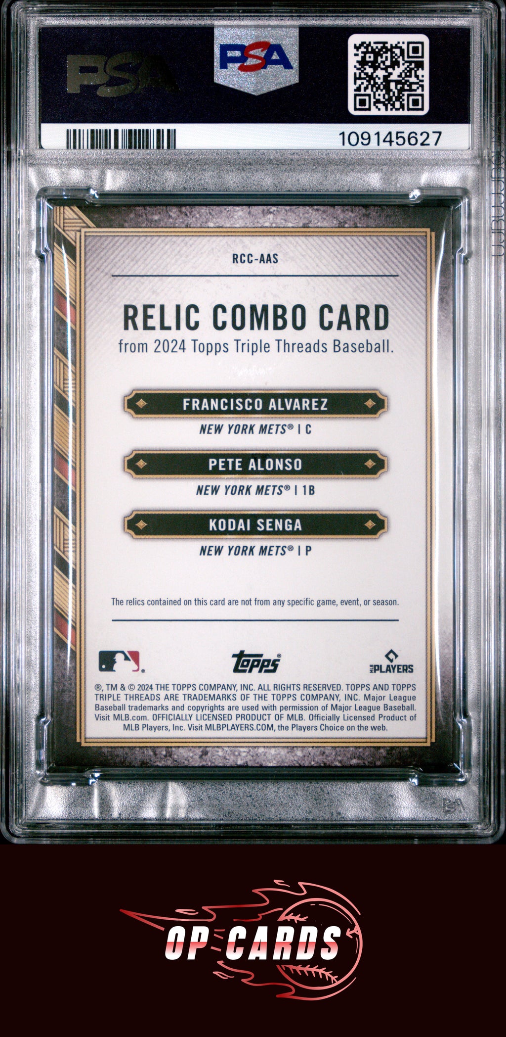 NY Mets Alvarez Alonso Senga 2024 Topps Triple Threads Relic Combo /3 PSA 8
