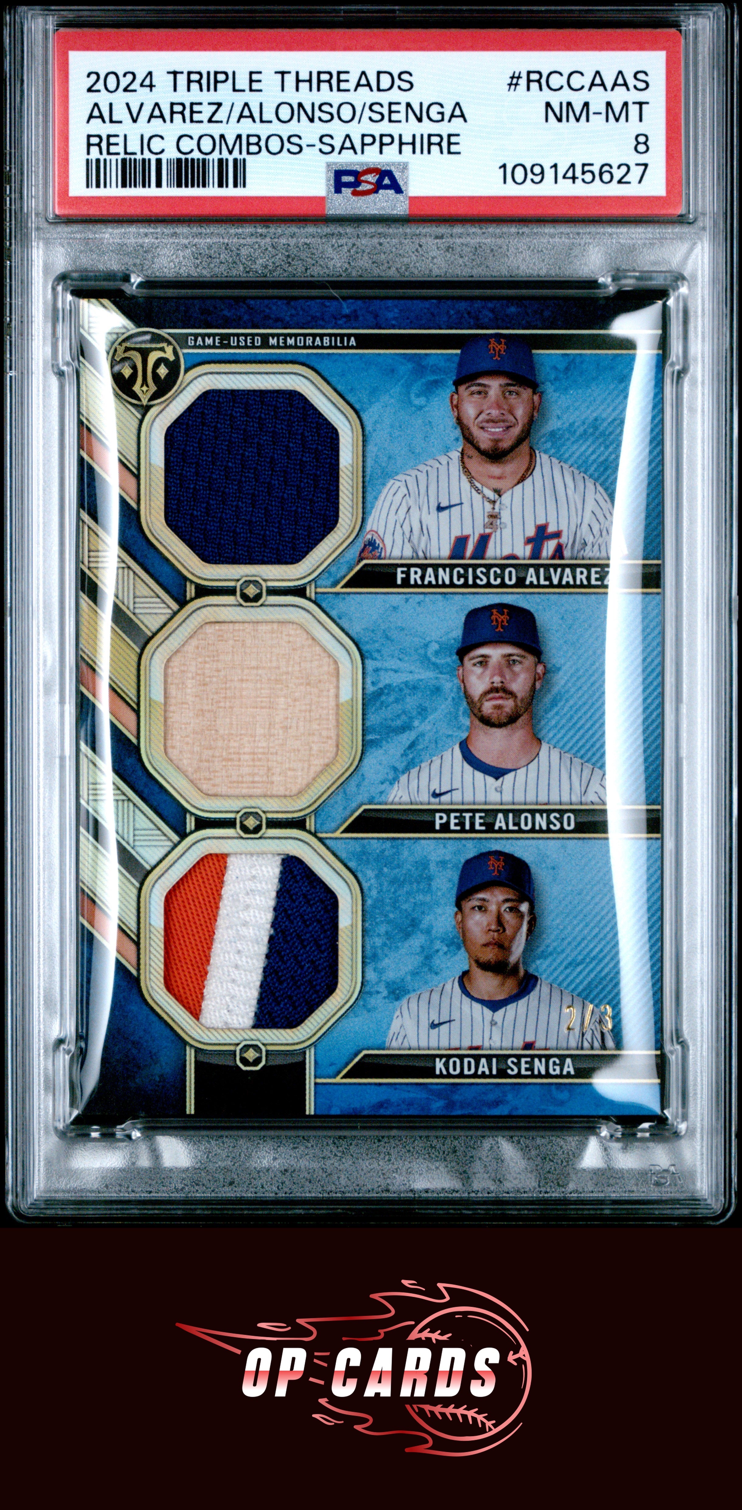 NY Mets Alvarez Alonso Senga 2024 Topps Triple Threads Relic Combo /3 PSA 8