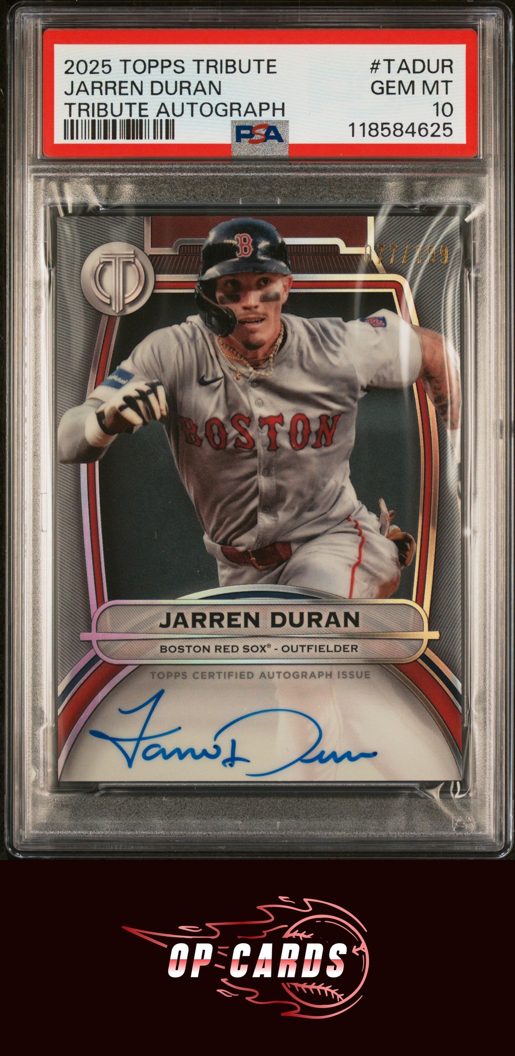 Jarren Duran 2025 Topps Tribute Tribute Autographs #TADUR /199 PSA 10
