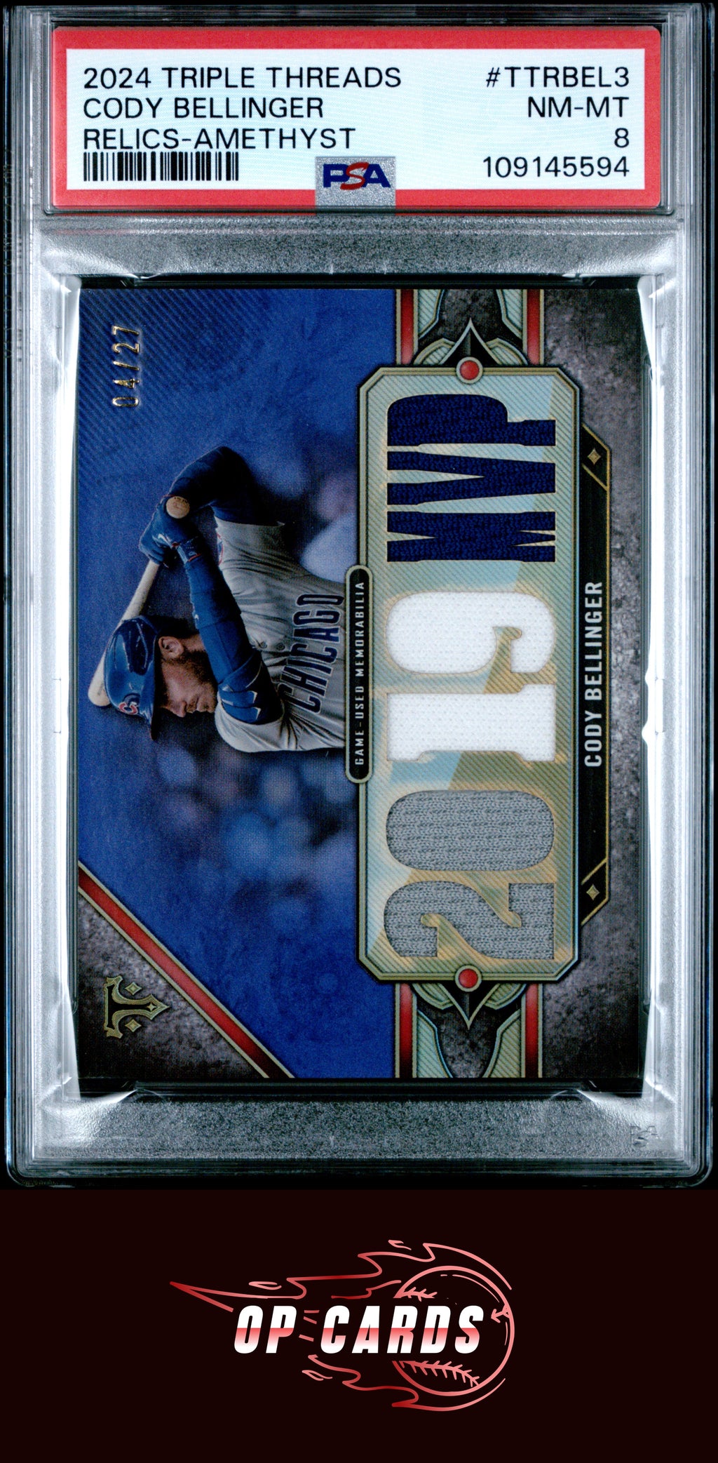 Cody Bellinger 2024 Topps Triple Threads Relic #TTRBEL3 Amethyst /27 PSA 8