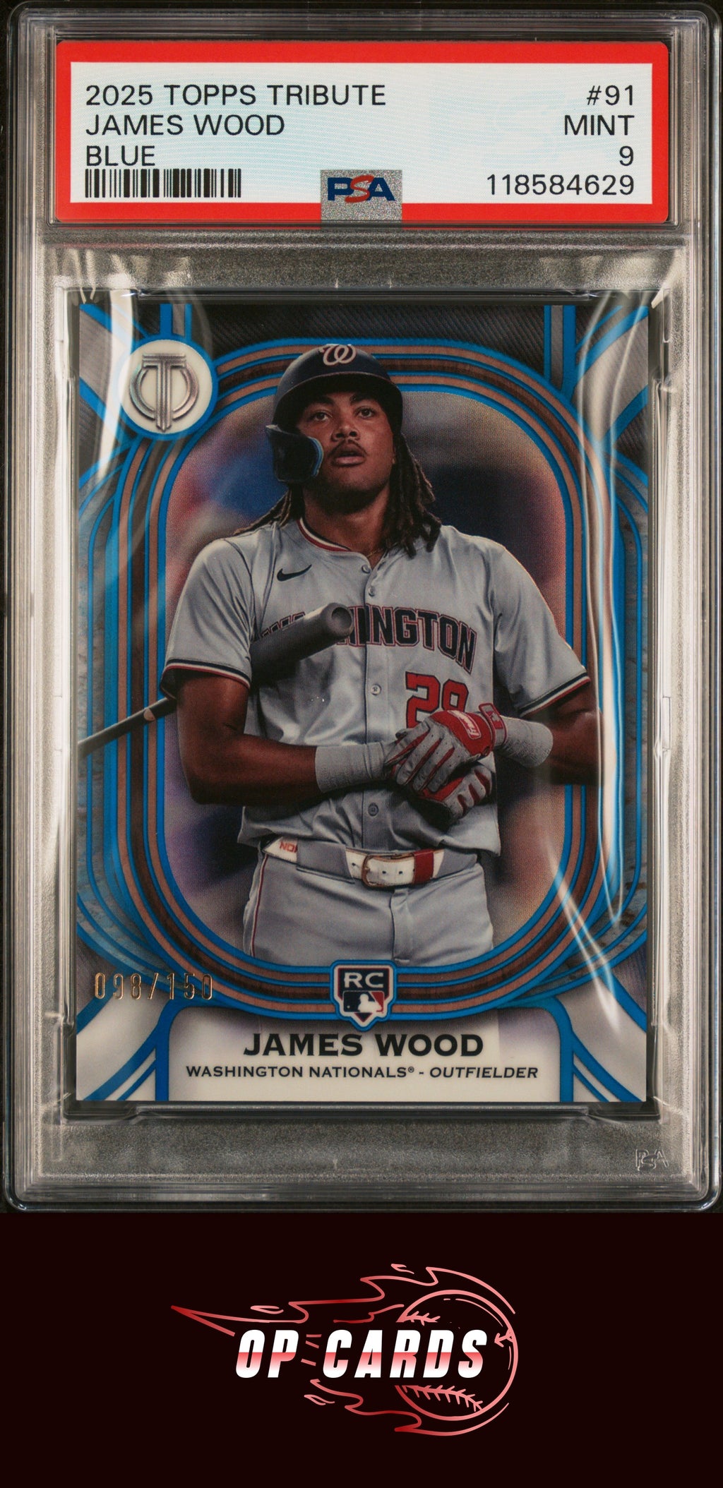 James Wood 2025 Topps Tribute #91 Blue Refractor /150 PSA 9
