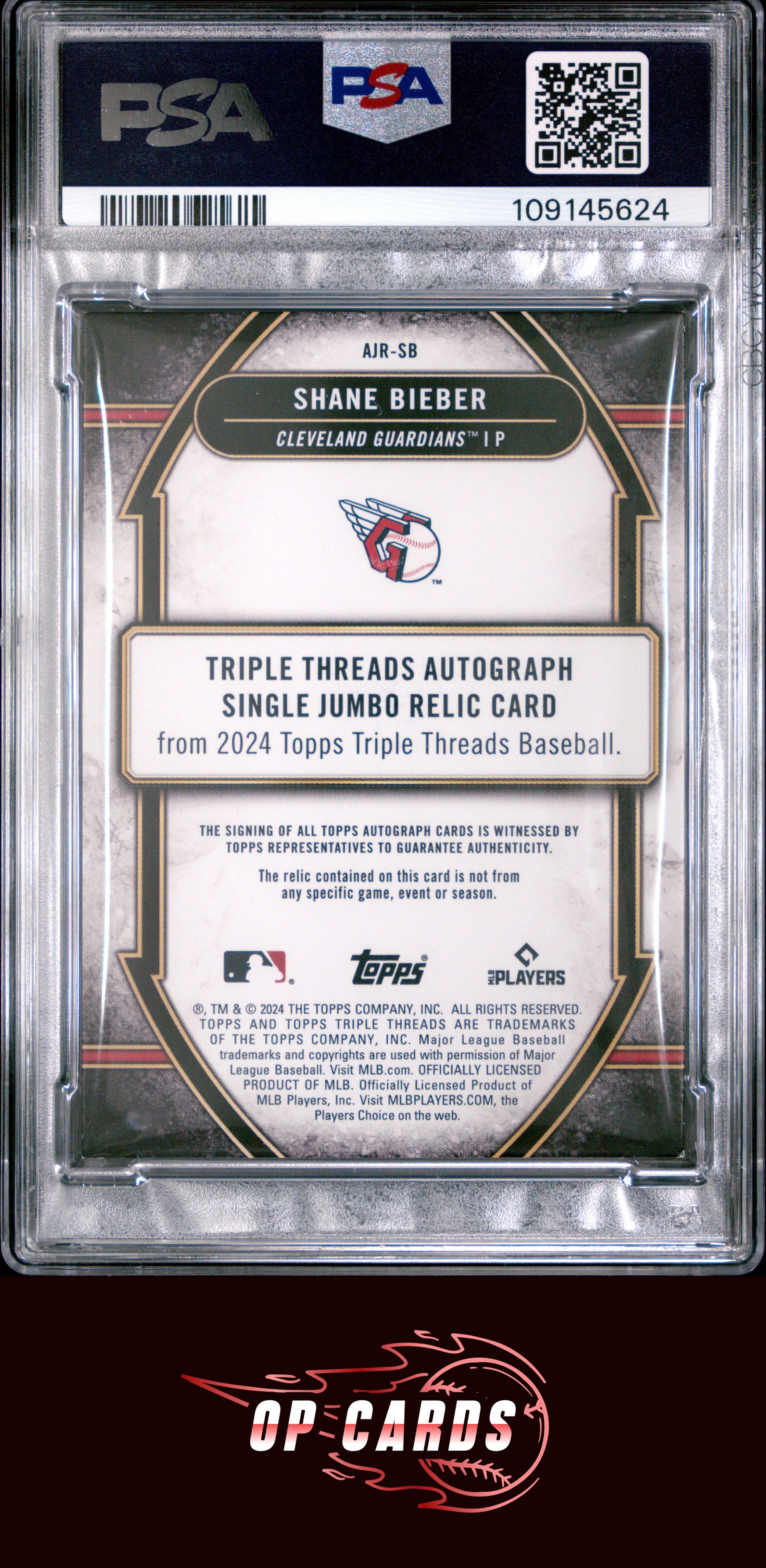 Shane Bieber 2024 Topps Triple Threads Autograph Relic #AJRSB Emerald /50 PSA 7
