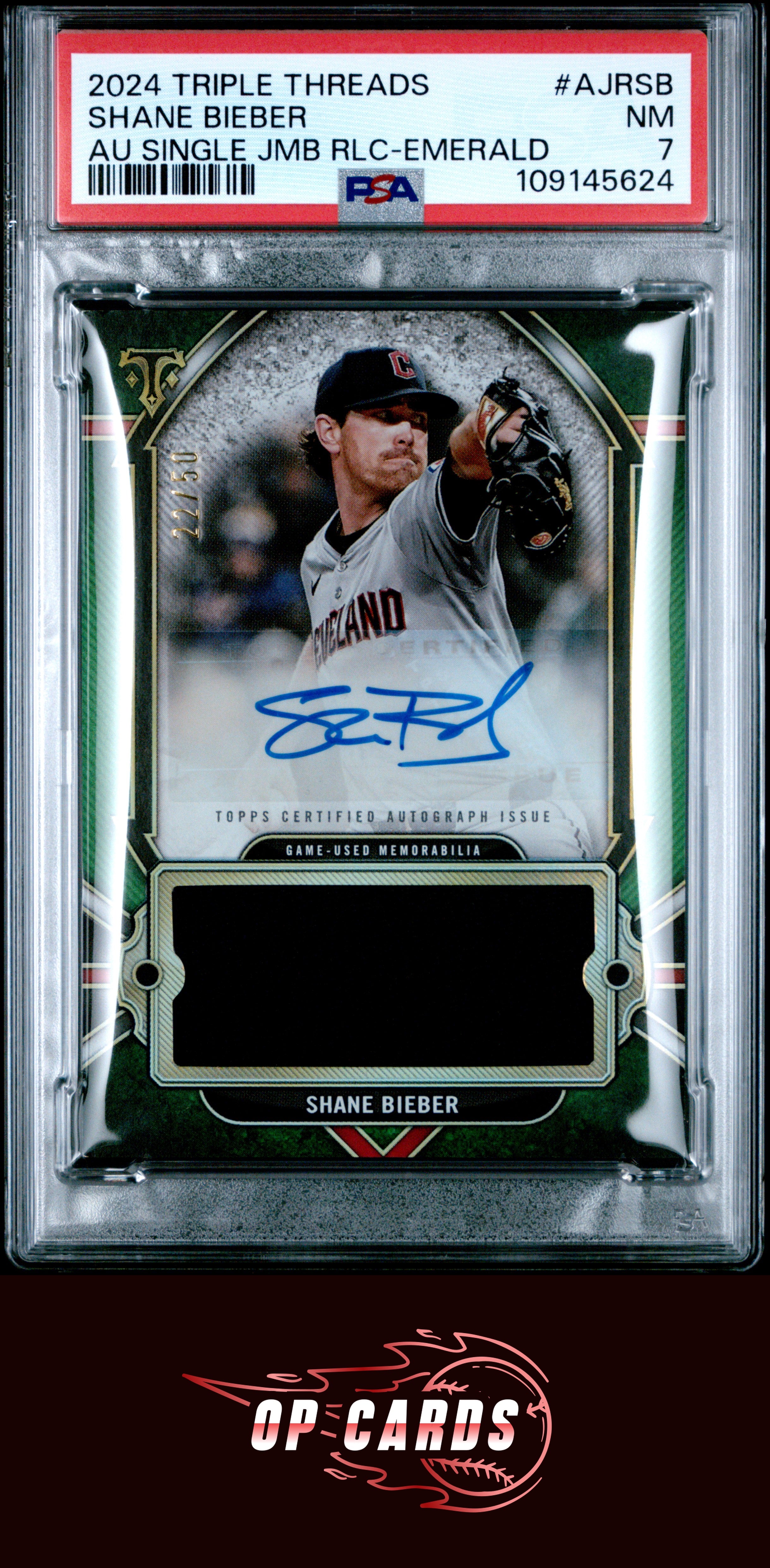 Shane Bieber 2024 Topps Triple Threads Autograph Relic #AJRSB Emerald /50 PSA 7