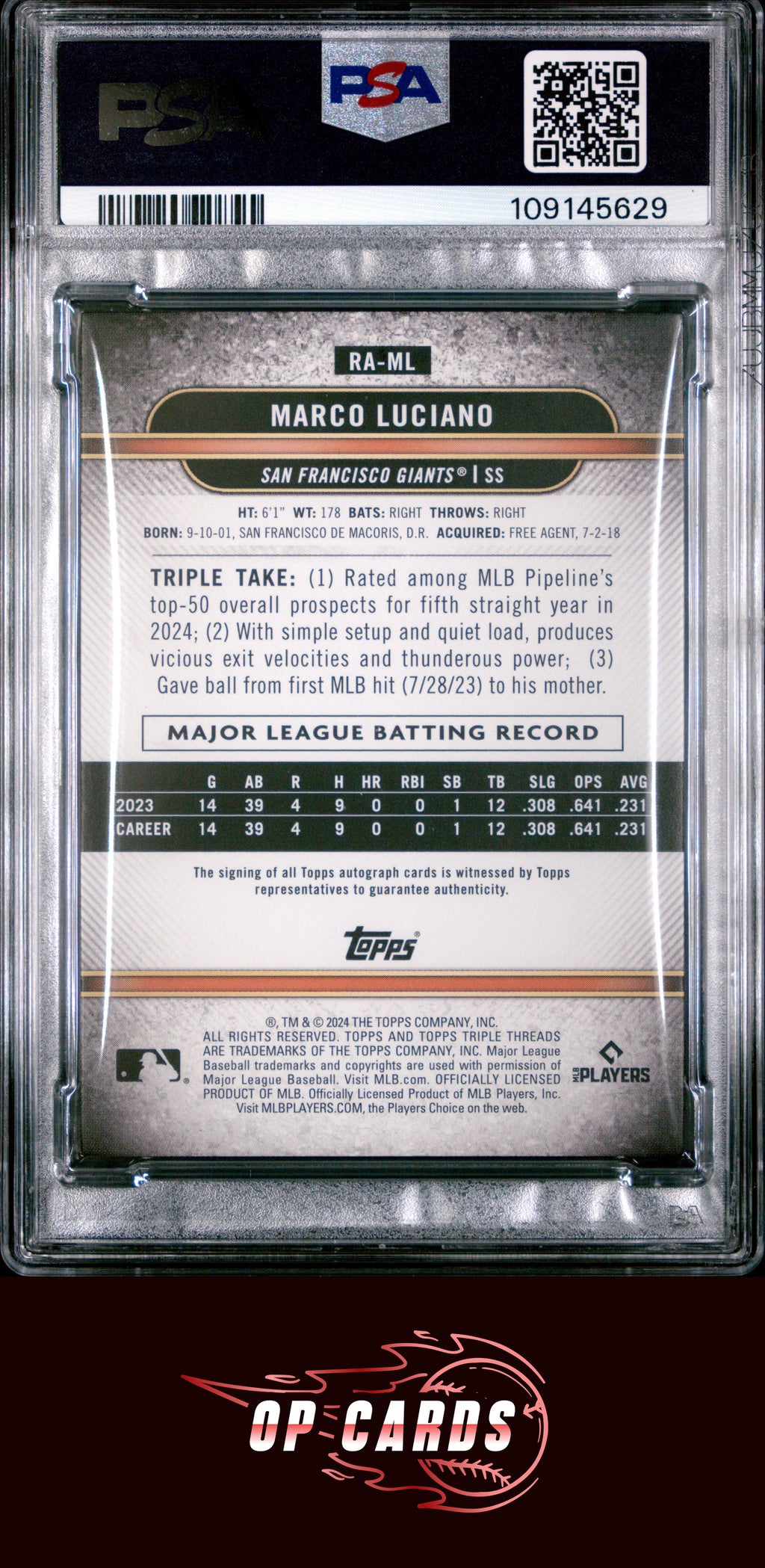 Marco Luciano 2024 Topps Triple Threads Rookie Autograph #ML Gold /25 PSA 8