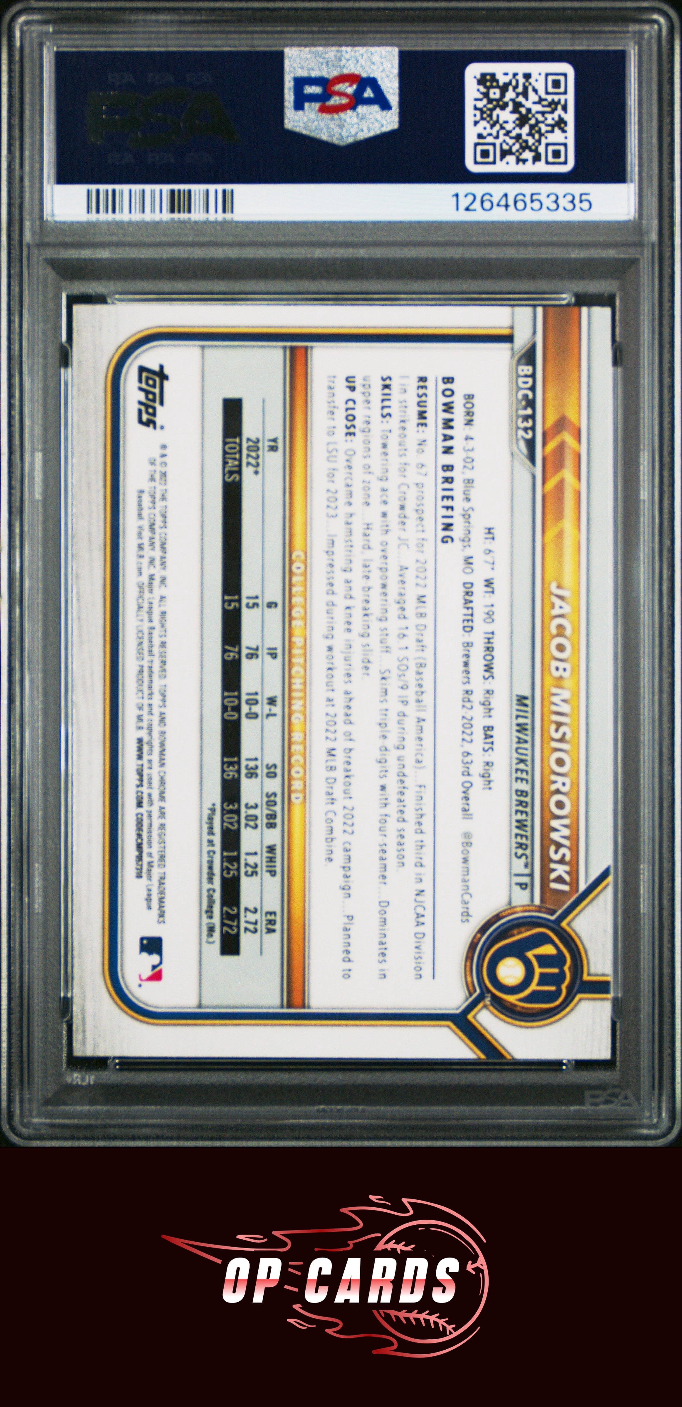 Jacob Misiorowski 2022 Bowman Draft #BDC132 Chrome PSA 8
