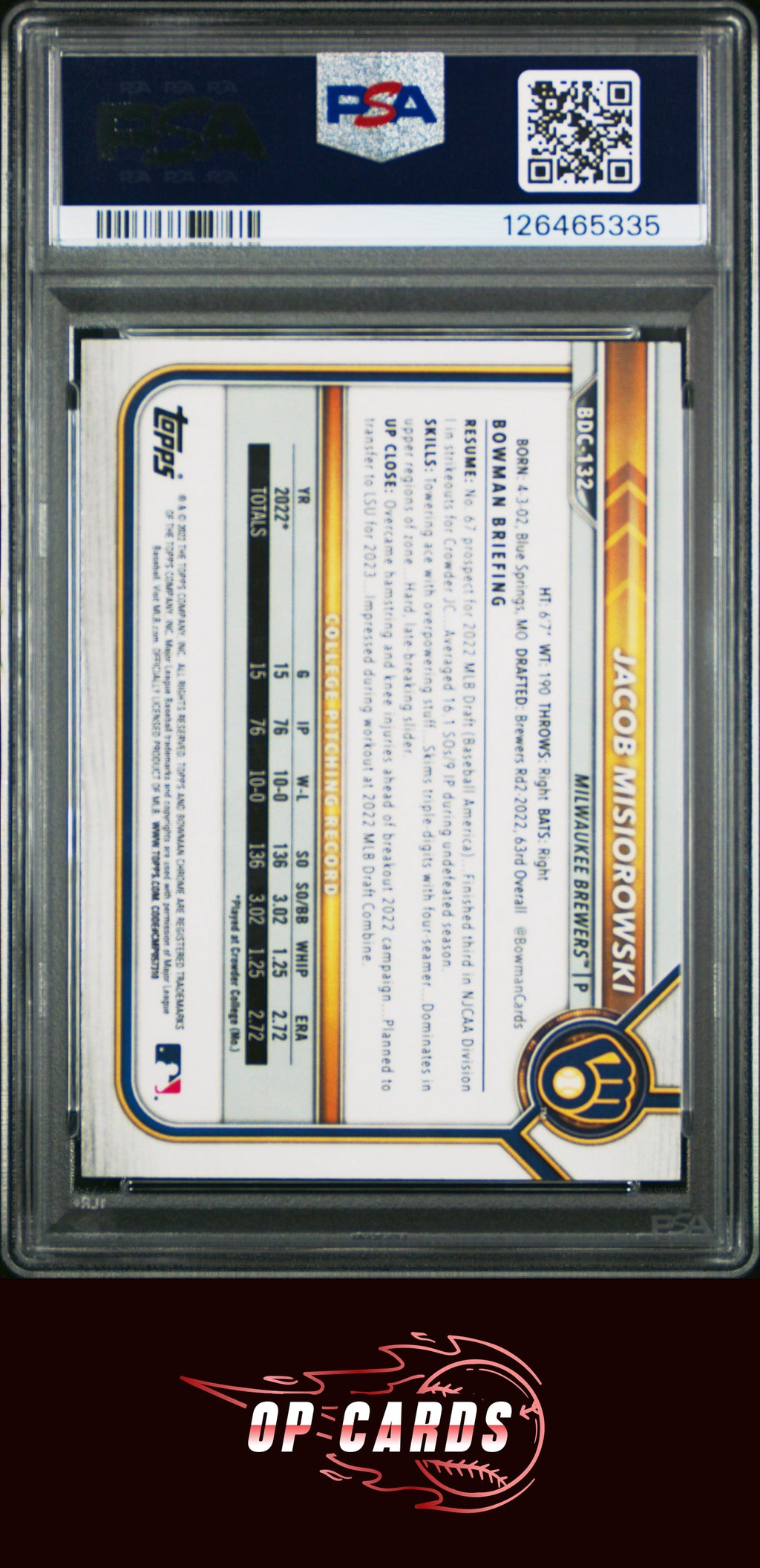 Jacob Misiorowski 2022 Bowman Draft #BDC132 Chrome PSA 8