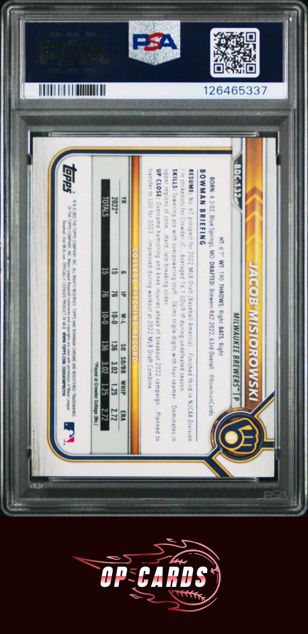 Jacob Misiorowski 2022 Bowman Draft #BDC132 Chrome PSA 9