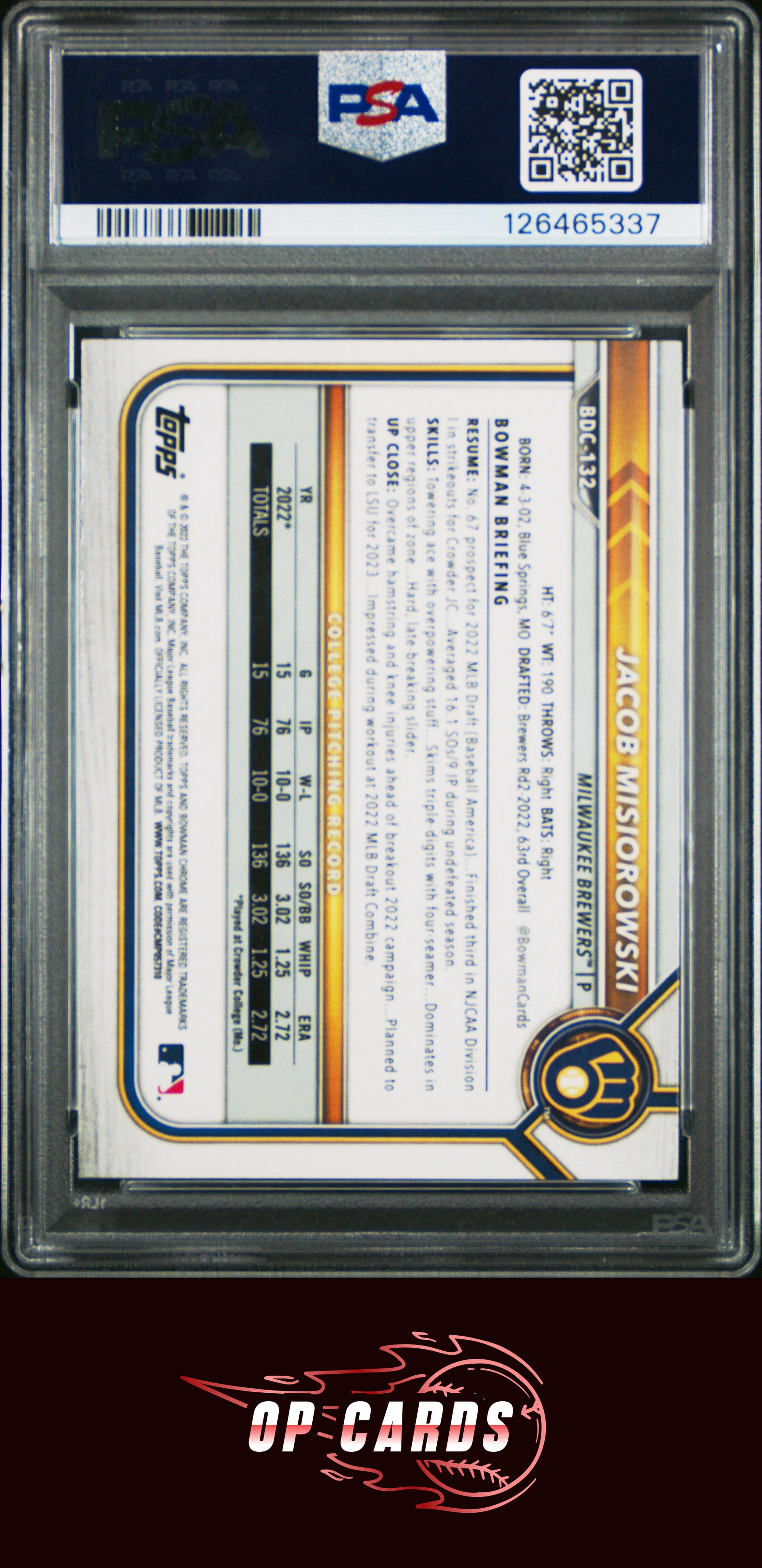 Jacob Misiorowski 2022 Bowman Draft #BDC132 Chrome PSA 9
