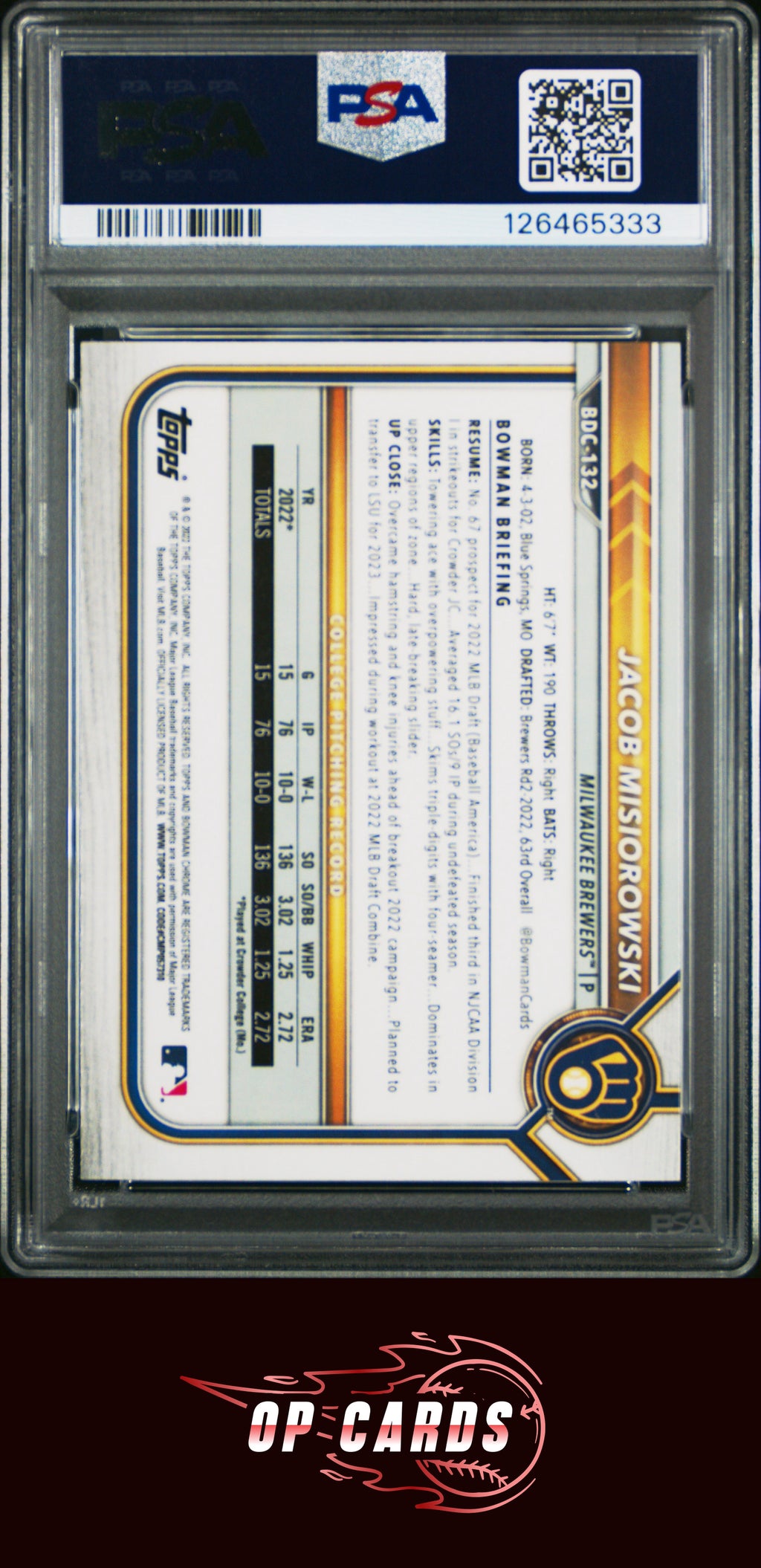 Jacob Misiorowski 2022 Bowman Draft #BDC132 Chrome PSA 9