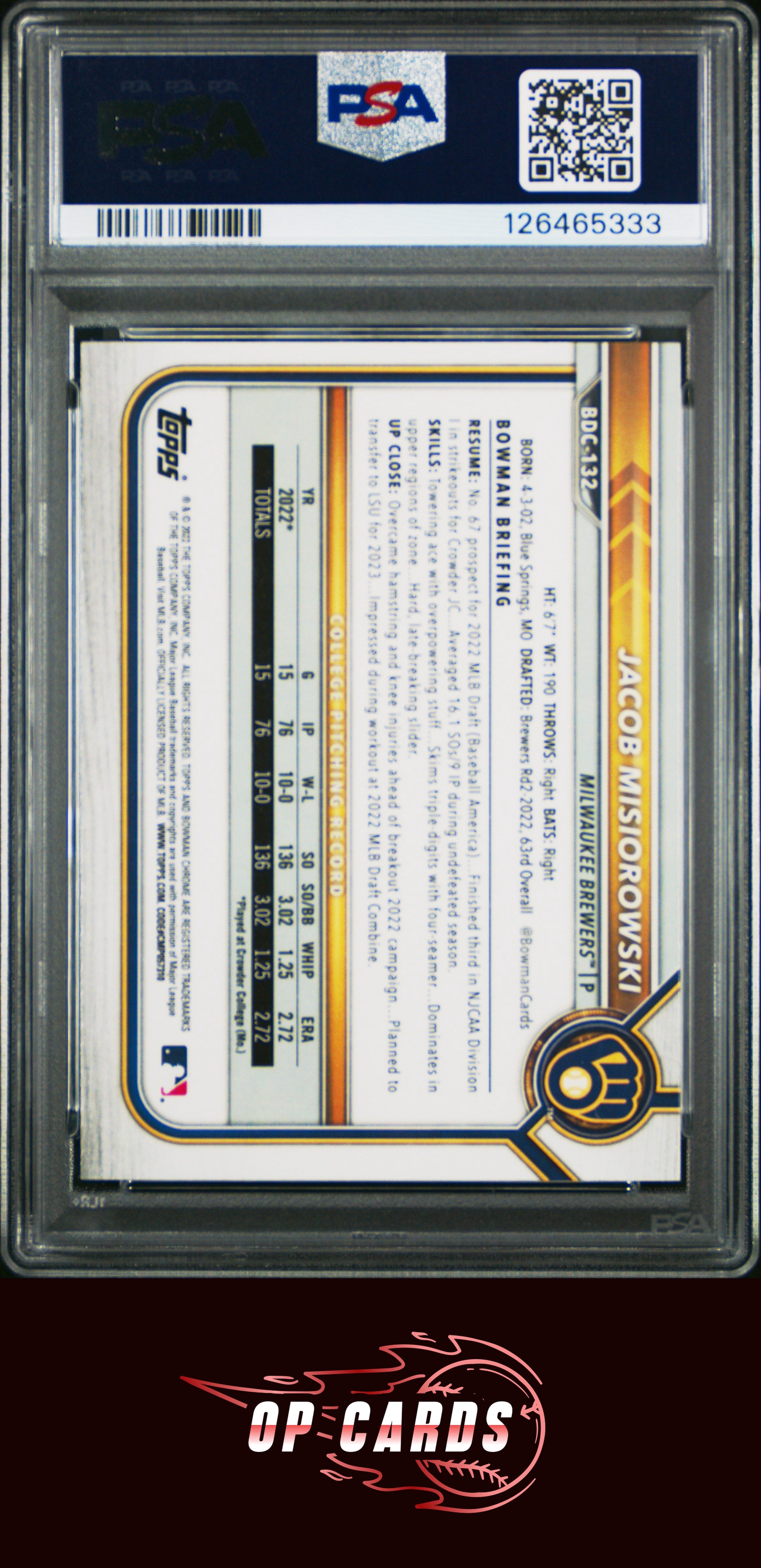 Jacob Misiorowski 2022 Bowman Draft #BDC132 Chrome PSA 9