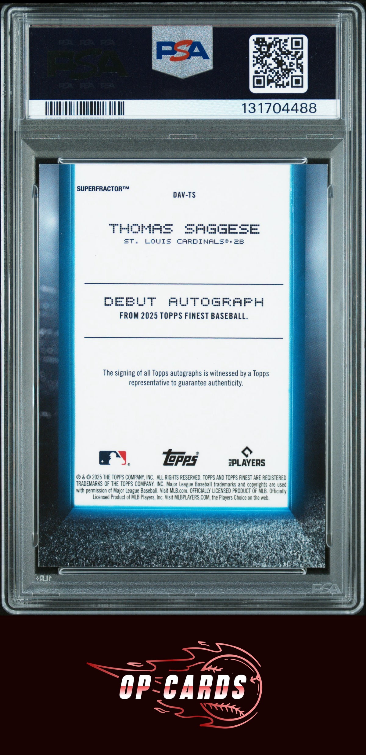 Thomas Saggese 2025 Topps Finest Debut Autograph Superfractor 1/1 PSA 9