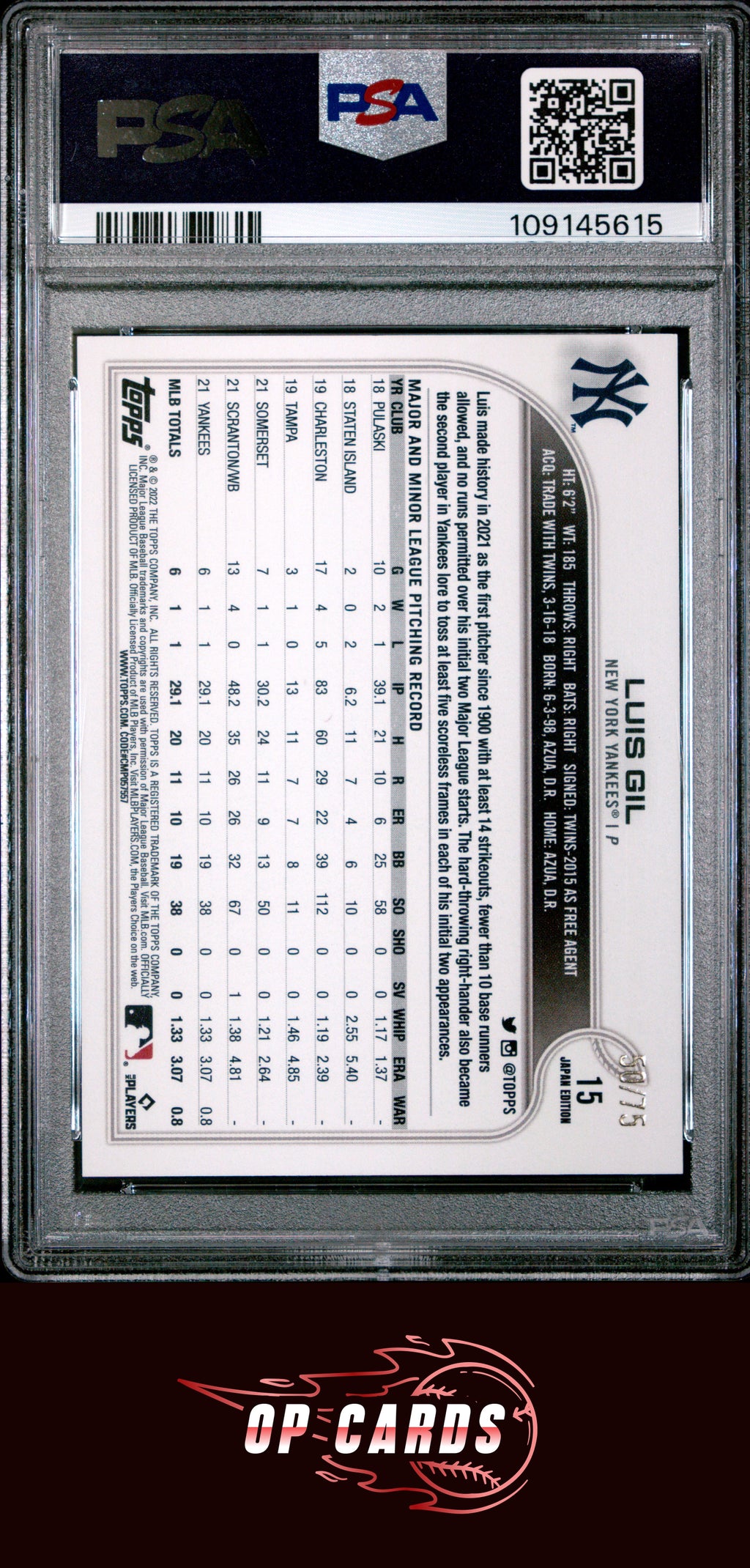 Luis Gil 2022 Topps Japan Edition #15 Jade Green PSA 9