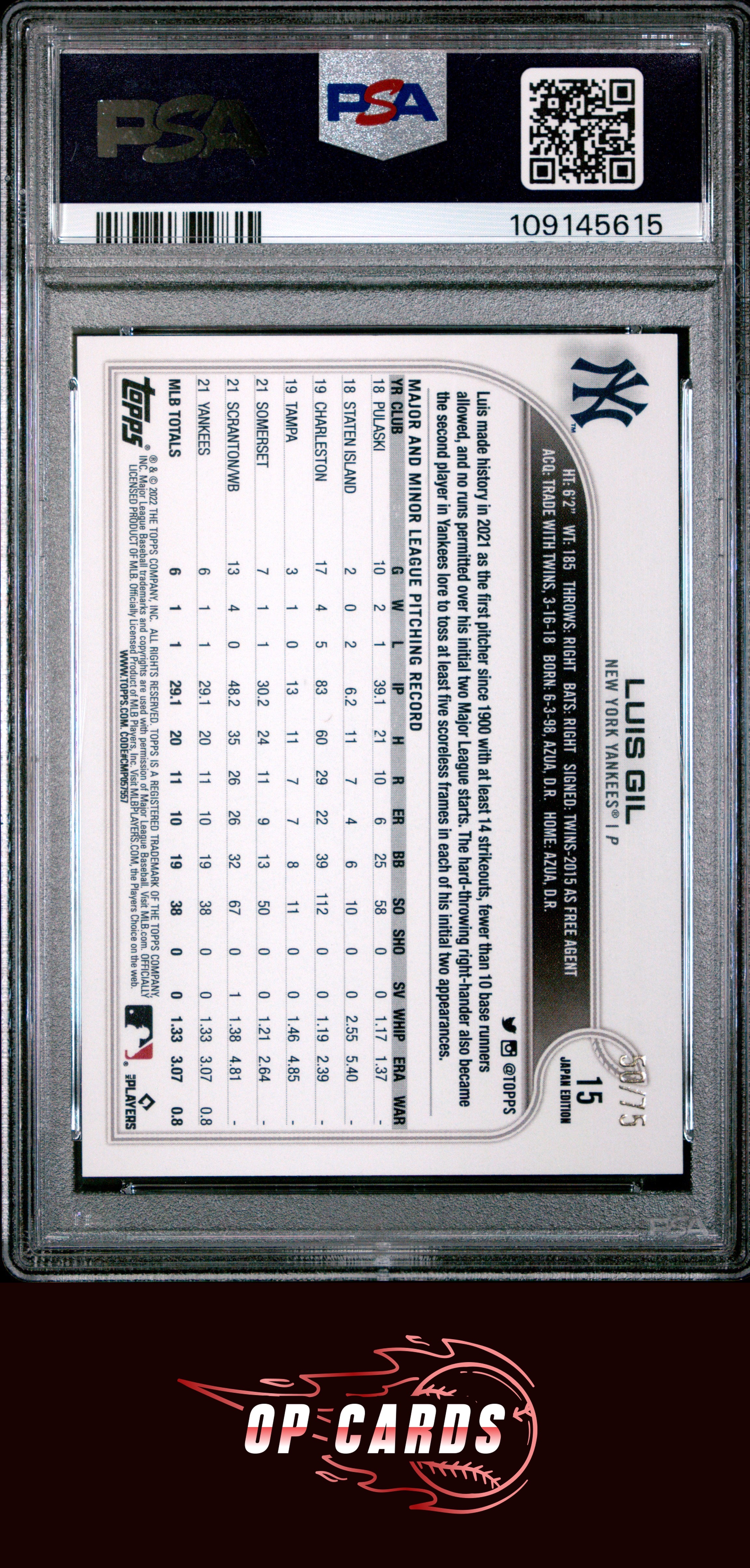Luis Gil 2022 Topps Japan Edition #15 Jade Green PSA 9