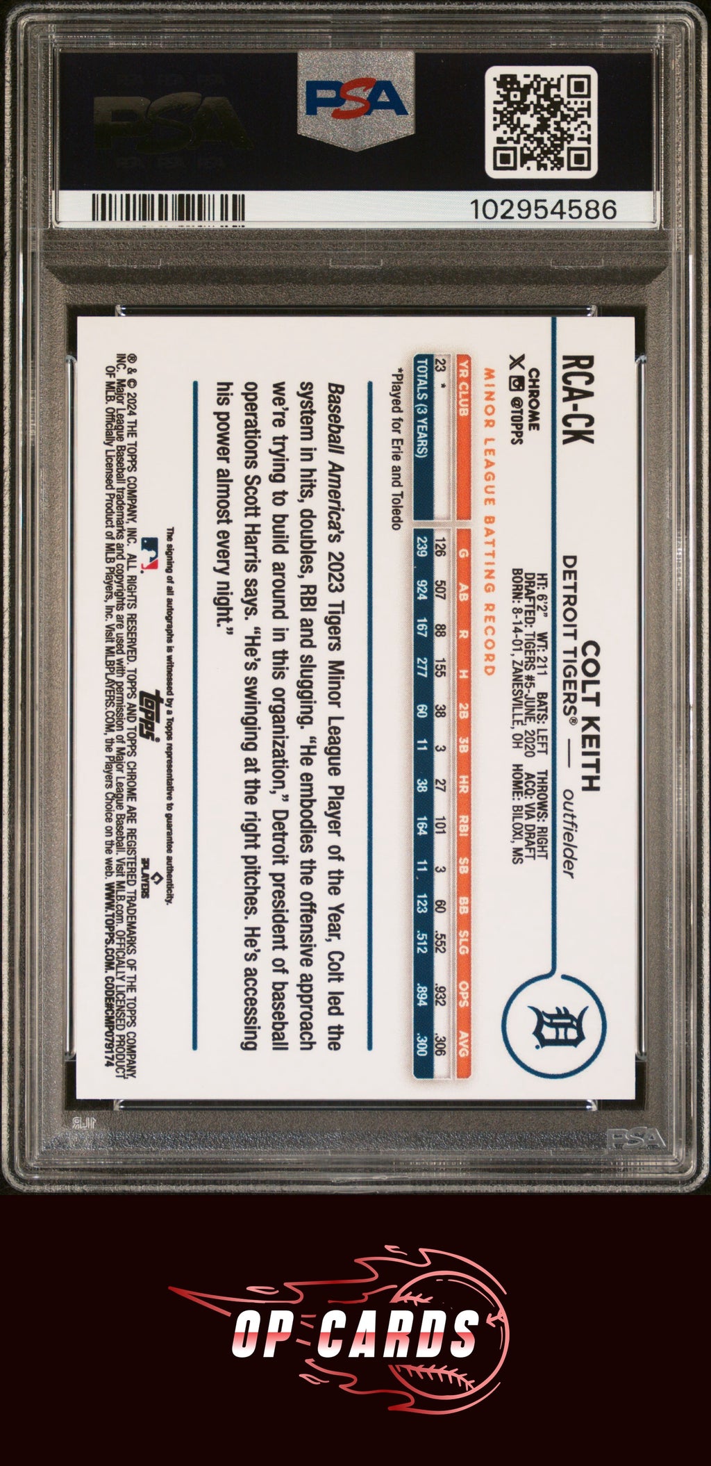 Colt Keith 2024 Topps Chrome Logofractor Refractor Autograph PSA 8