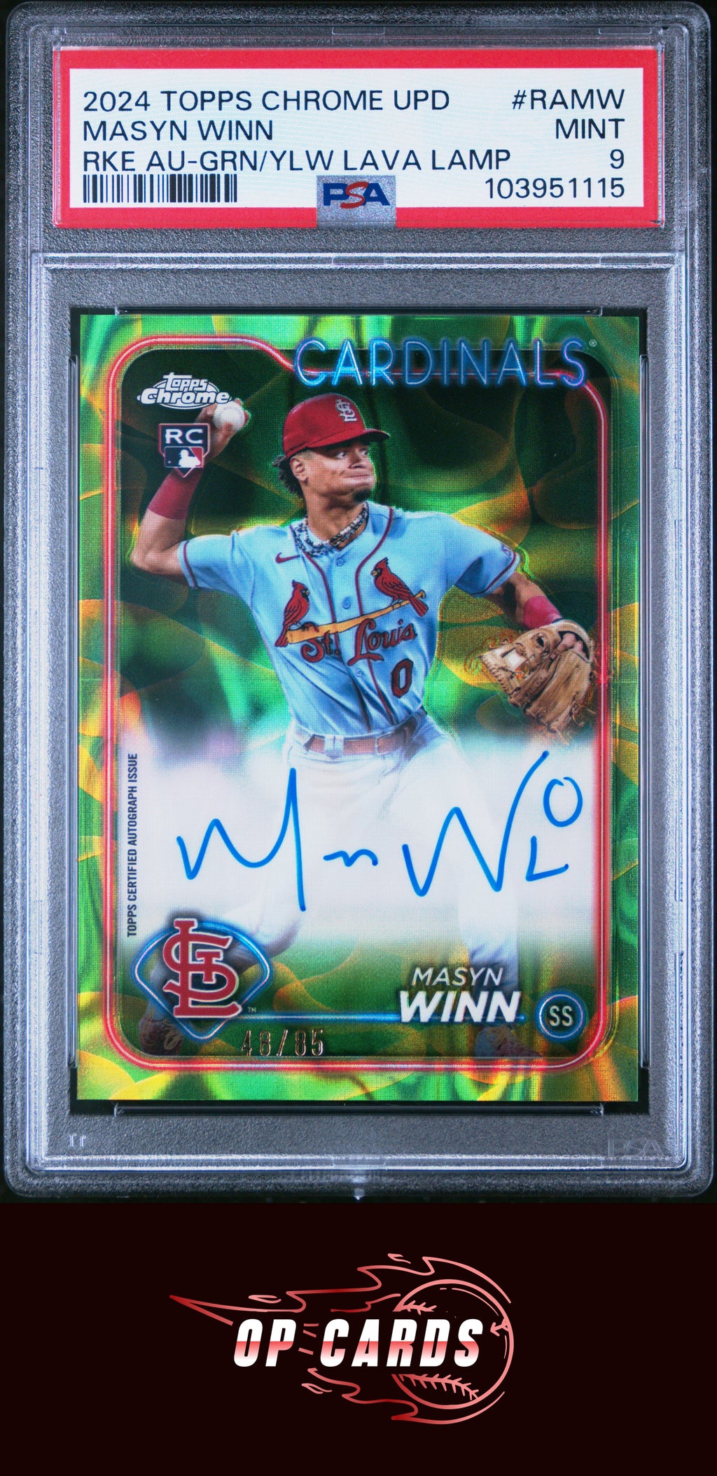 Masyn Winn 2024 Topps Chrome Update Autograph Green Yellow Lava Lamp /85 PSA 9
