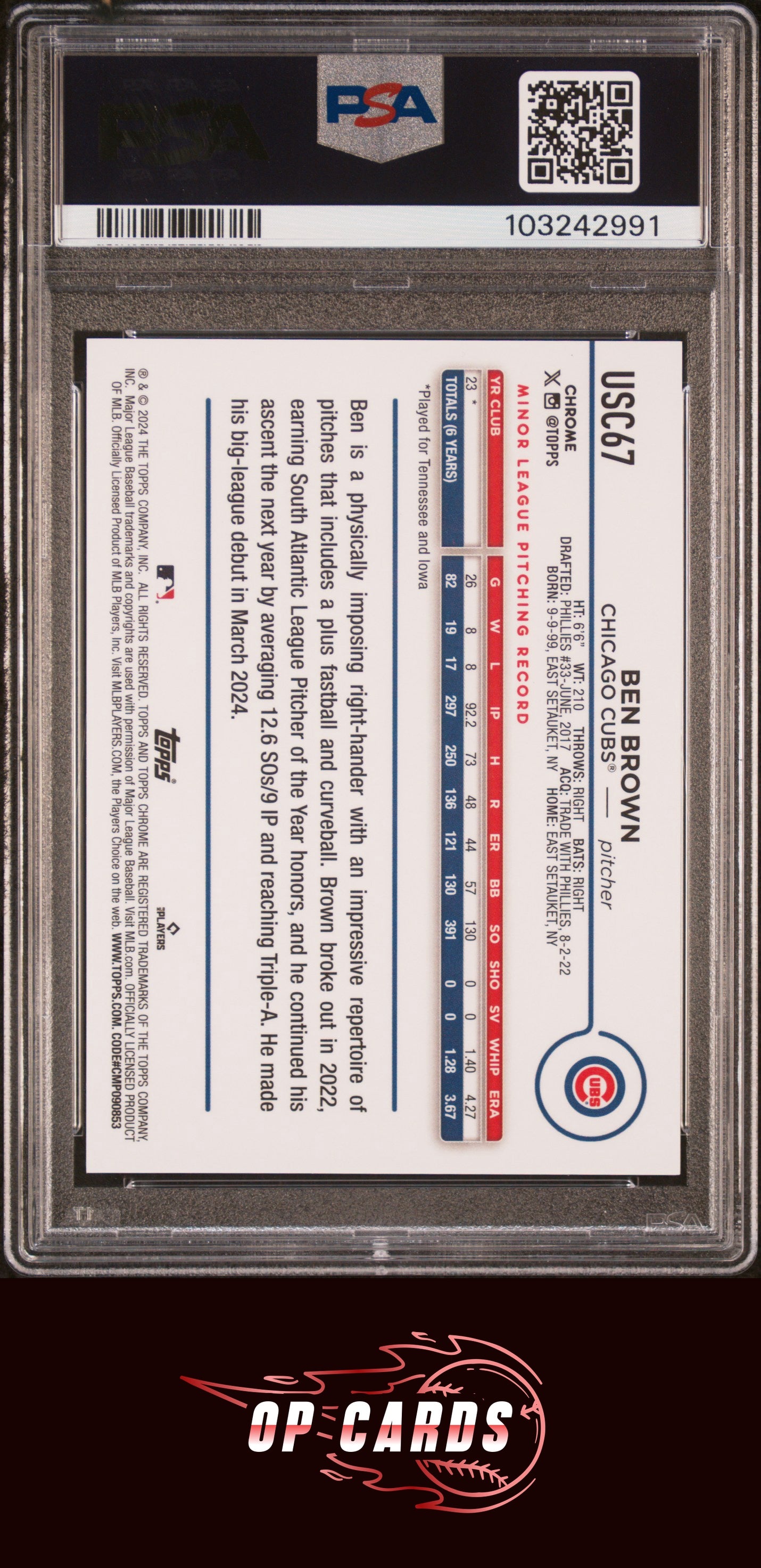 Ben Brown 2024 Topps Chrome Update #USC67 Sp-Gold Speckle PSA 10