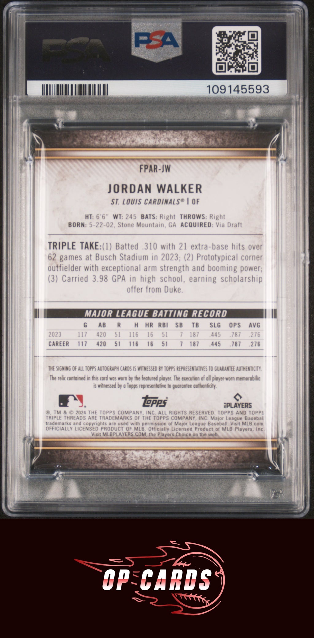 Jordan Walker 2024 Topps Triple Threads Future Phenoms Autograph Relic /99 PSA 7
