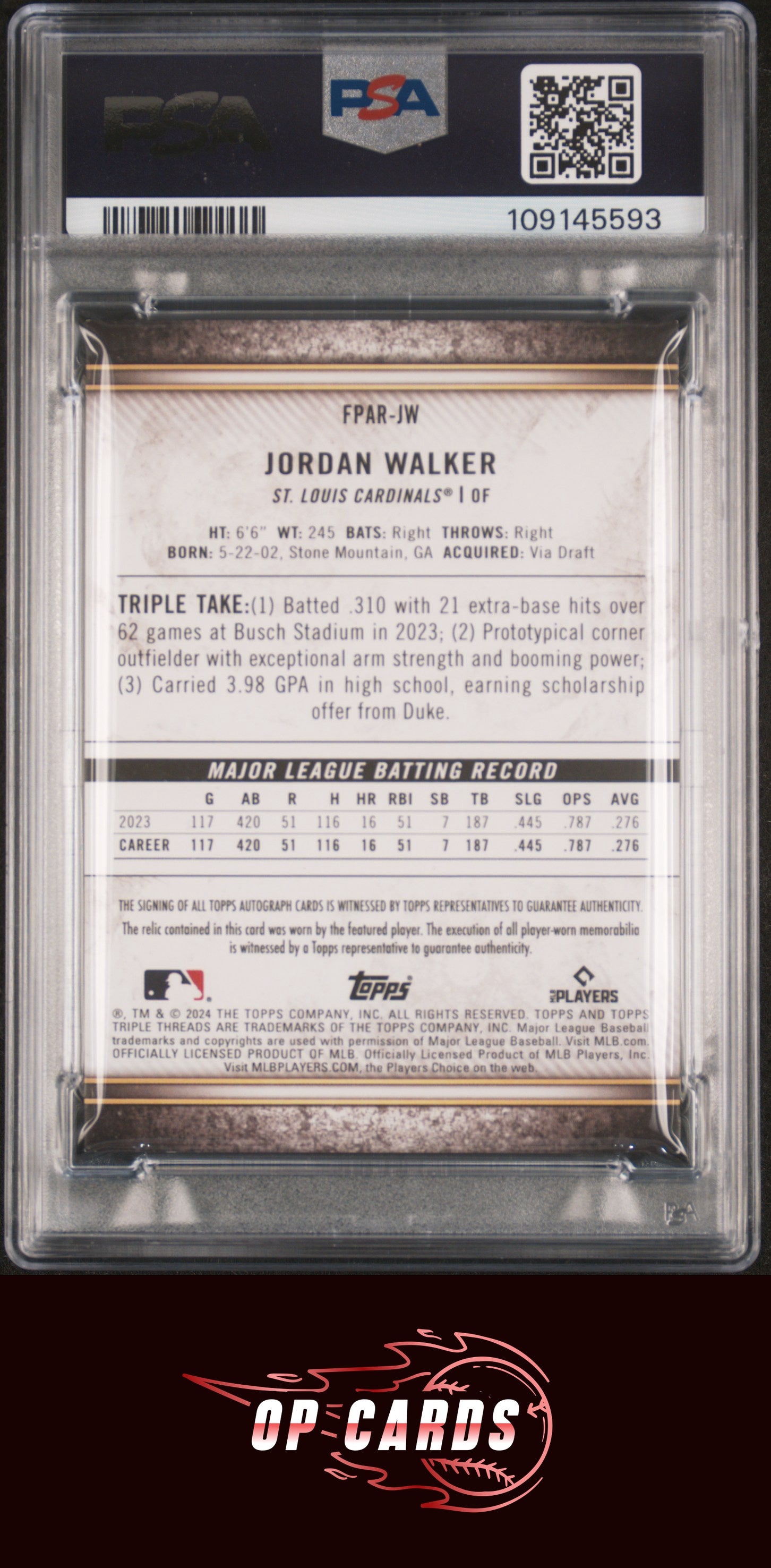 Jordan Walker 2024 Topps Triple Threads Future Phenoms Autograph Relic /99 PSA 7
