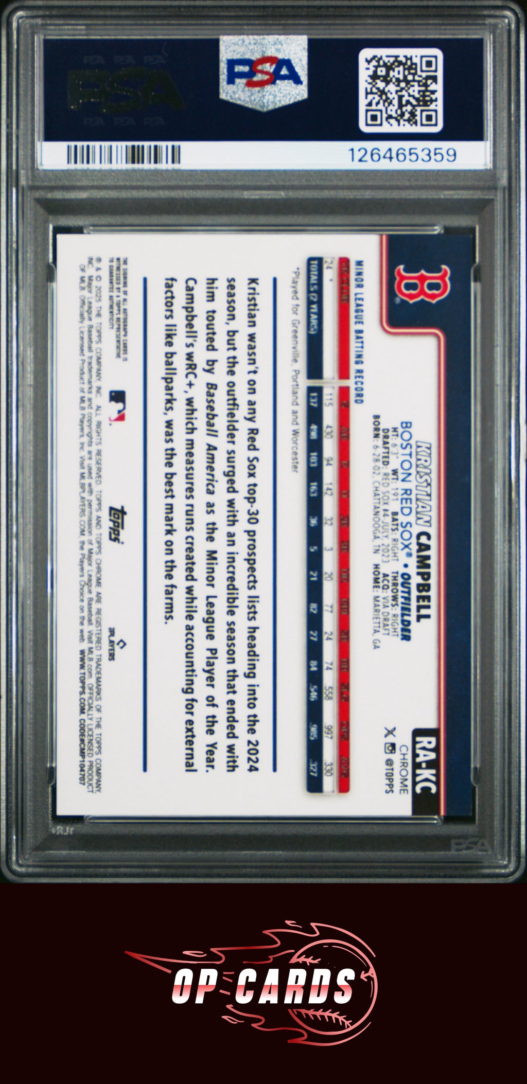 Kristian Campbell 2025 Topps Chrome Autograph Orange Wave Refractor /25 PSA 9