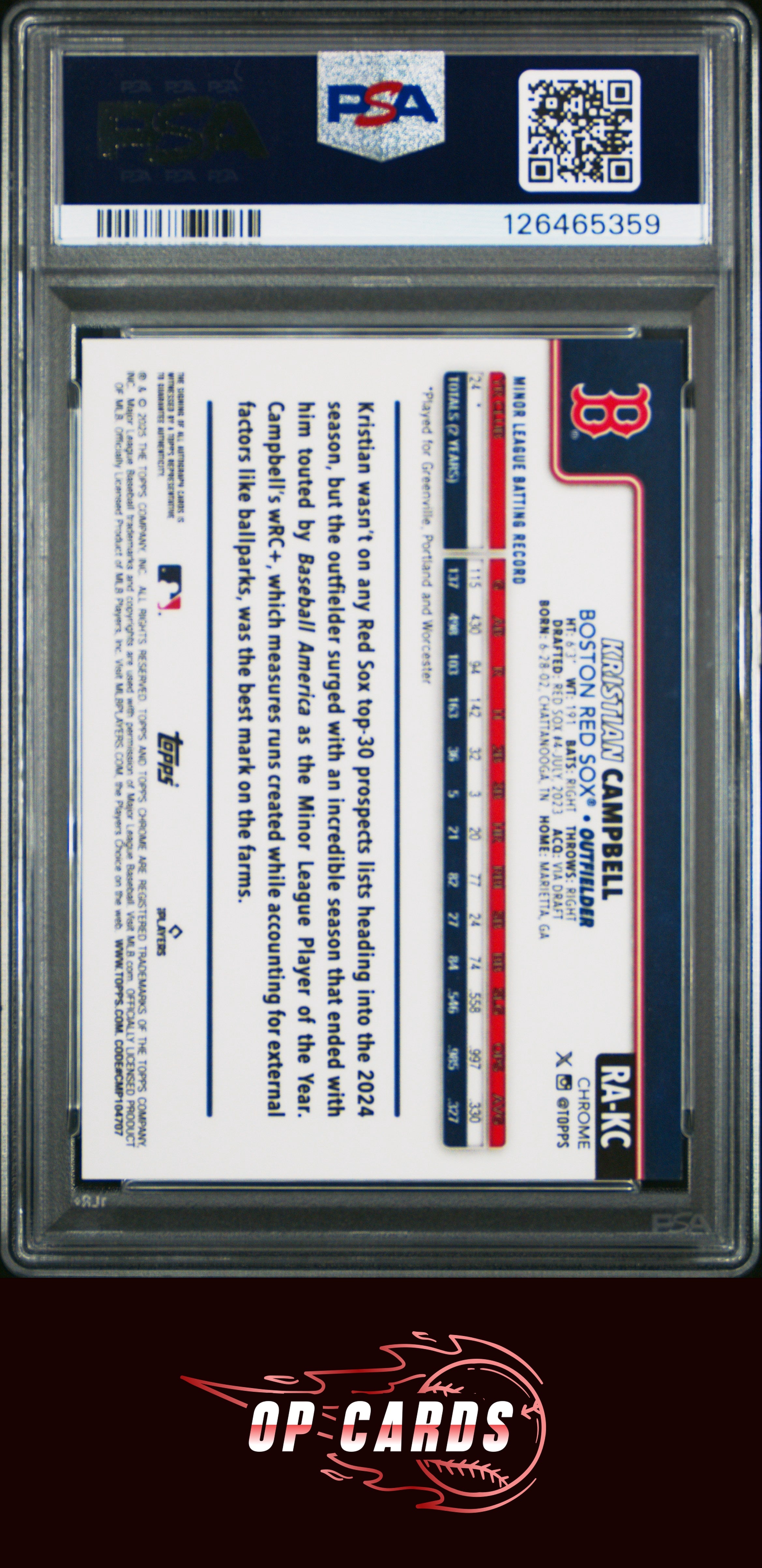 Kristian Campbell 2025 Topps Chrome Autograph Orange Wave Refractor /25 PSA 9