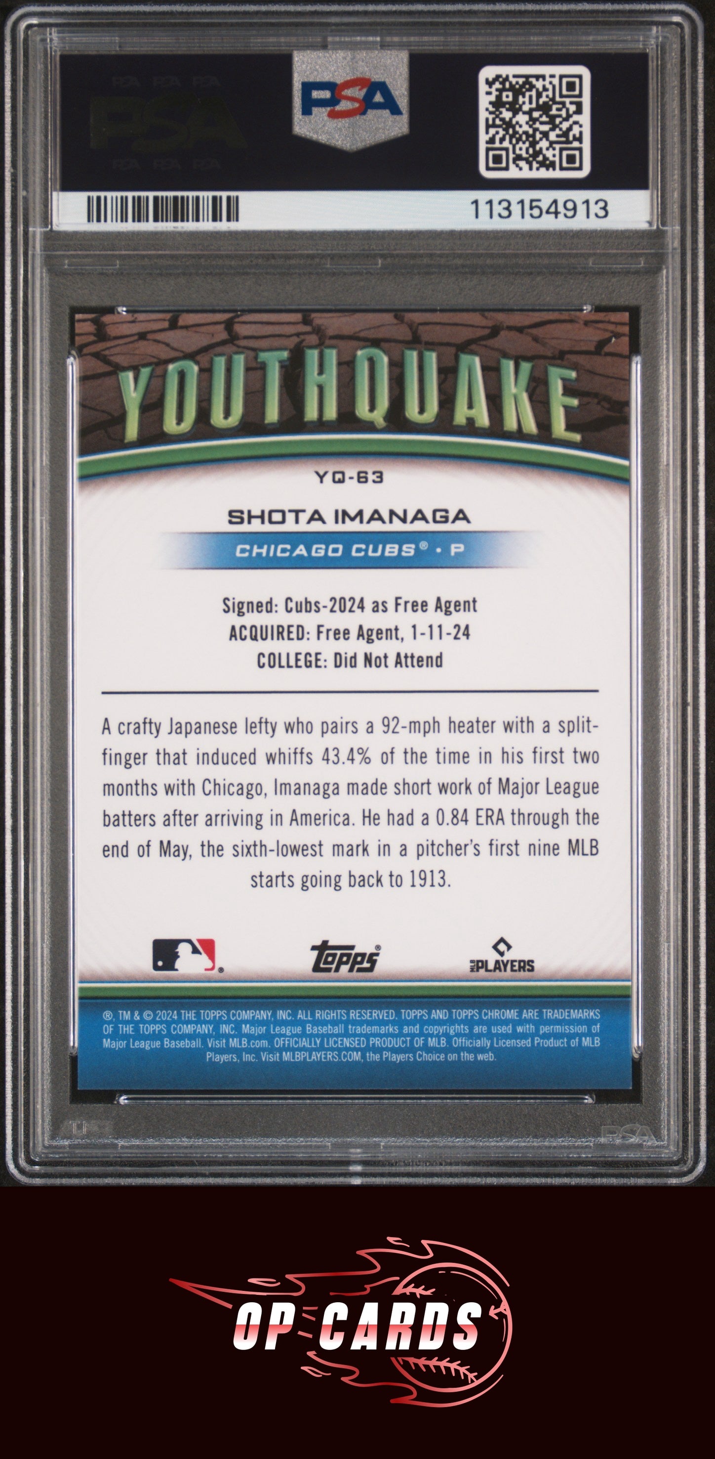 Shota Imanaga 2024 Topps Chrome Youthquake #YQ63 Black Refractor /10 PSA 9