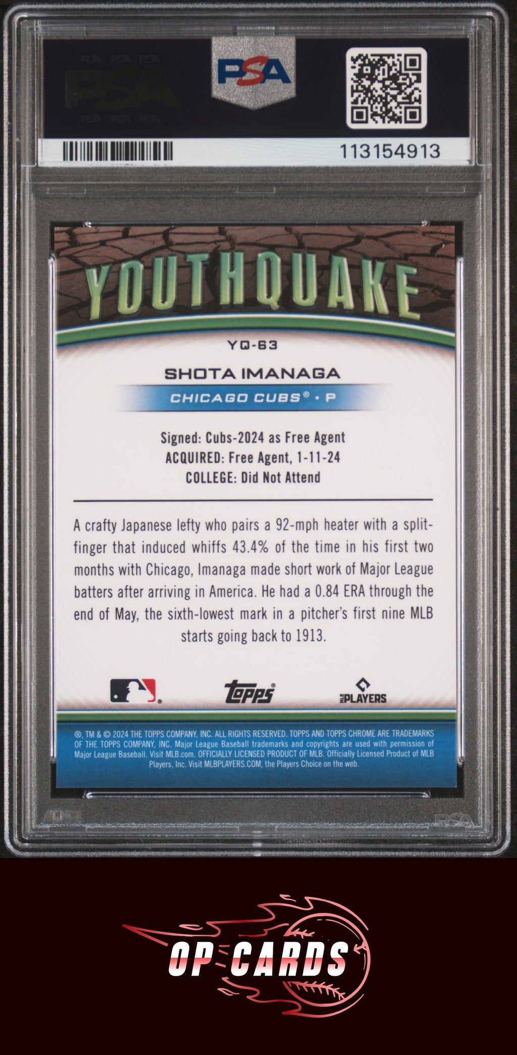 Shota Imanaga 2024 Topps Chrome Youthquake #YQ63 Black Refractor /10 PSA 9